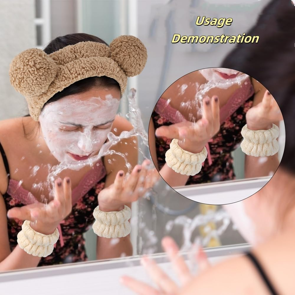 Ceeyoll Pack of 3 Spa Face Headband, Make up Hair Band, Elastic Make up Hair Band, Soft Make up Headband, Suitable for Facial Cleansing, Bathing and Cosmetics (Brown Colour, Bear Ears) image number 6