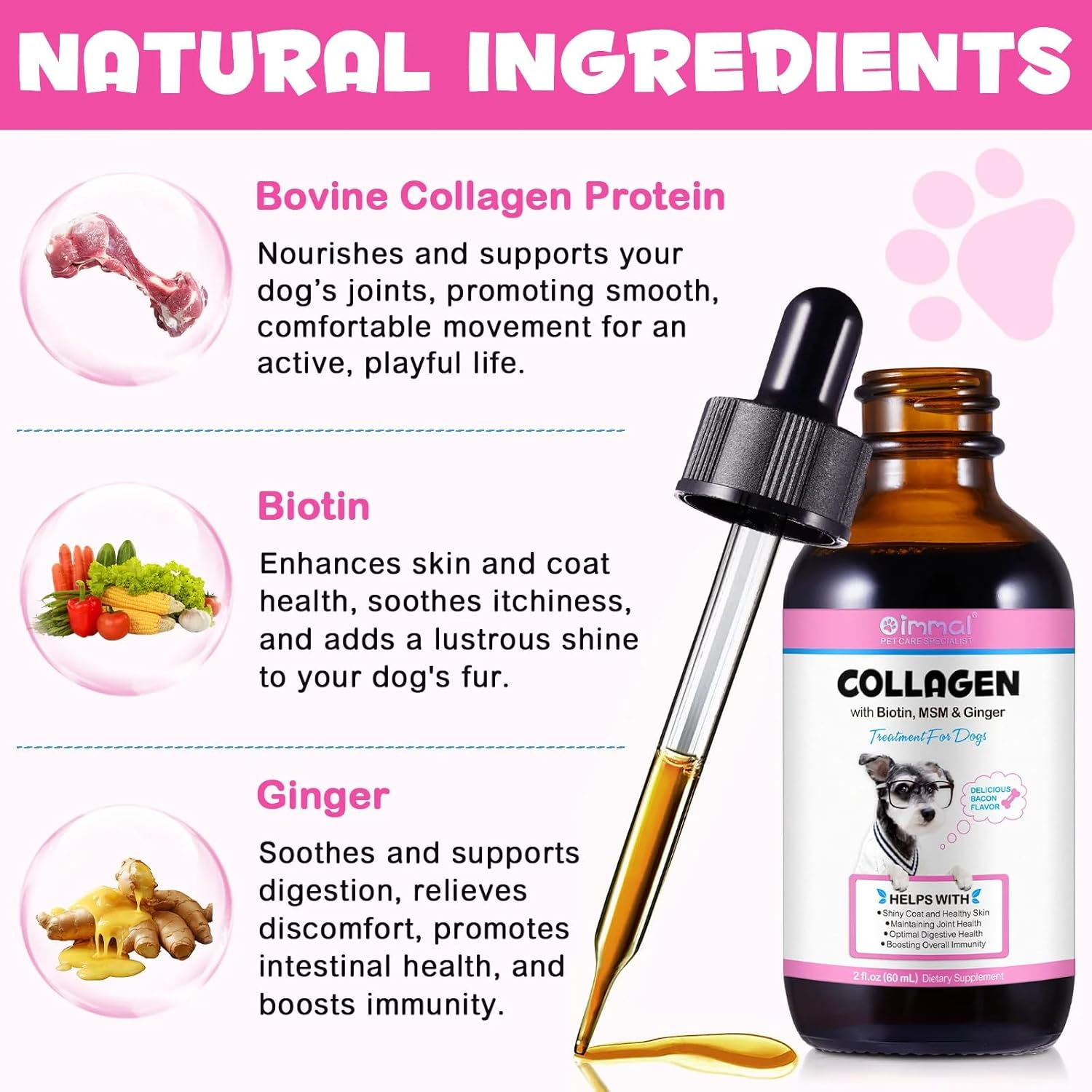 Collagen for Dogs 60Ml | Liquid Dog Collagen Supplement with Biotin, MSM & Ginger | Joint, Skin, Coat & Itch Relief | Digestive & Immune Health | Bacon Flavour image number 2