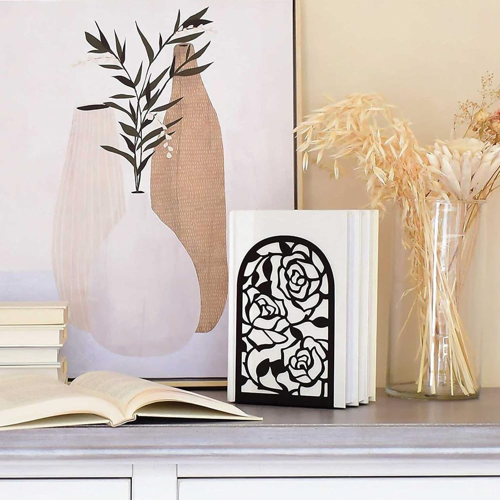 Elegant Rose Bookends Hollow-Out Rose Flower Book Ends Shelves Organizer Metal Book Stands Journal Book Holder Reading Room Decorative Bookends Library Book Stoppers for Office Home School (Black) - Black image number 5