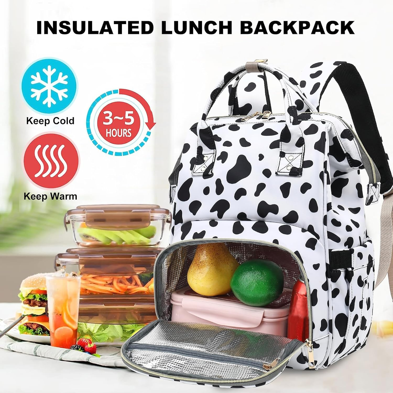 Fuyicat Insulated Lunch Laptop Backpack Backpack for Women, Girls School Backpack College Bookbags Picnic Cooler Backpack - Cow Print image number 3