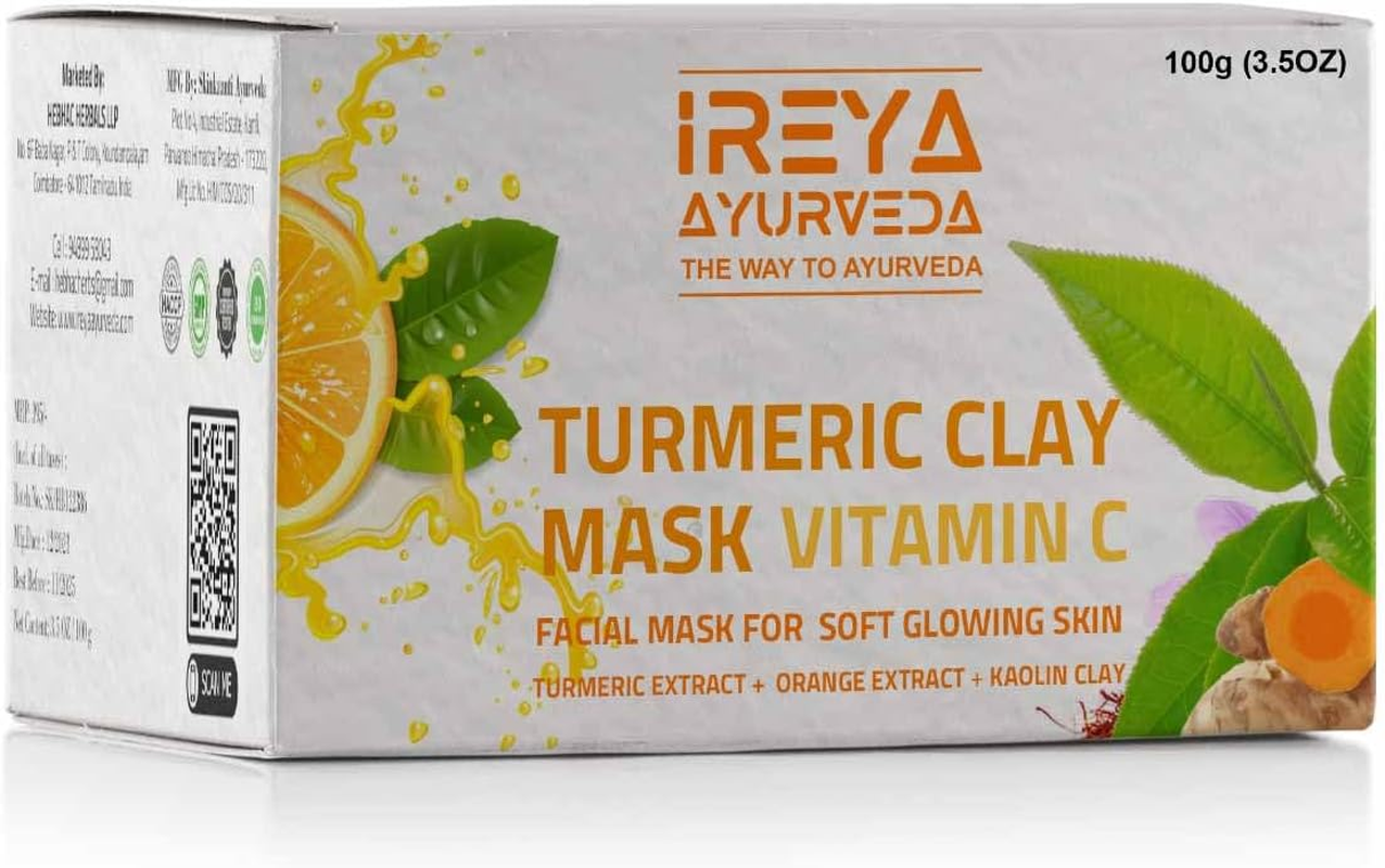 Turmeric Clay Mask Vitamin C with Orange Saffron Extract Fullers Earth, Kaolin Clay, Acne Face Mask Dark Spots Remover with Turmeric Extract 100 G Pack of 1 Yellow image number 3
