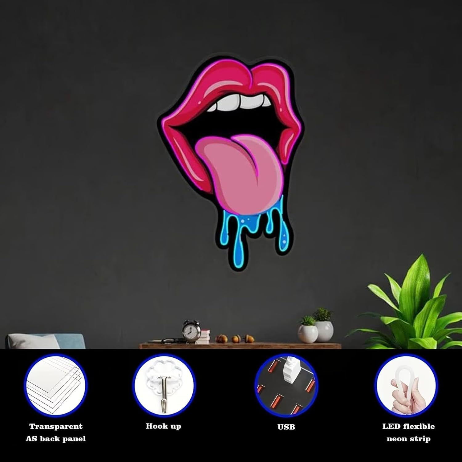 Lips Neon Sign, Dripping Lips Wall Art, Neon Lights LED for Wall Decor, Tasty UV Print Neon Sign for Bar Party Wedding Living Room Lounge image number 5