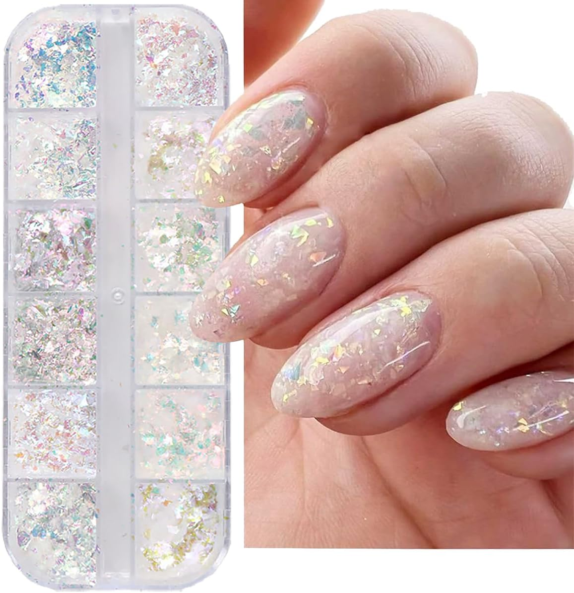 Holographic Nail Glitter,1Boxes 12Grids Nail Flakes Aurora Iridescent Irregular Paillettes,Mermaid Bright Colorful Ice Foil Nail Sequins for DIY Nail Art Decoration Shining Flakes