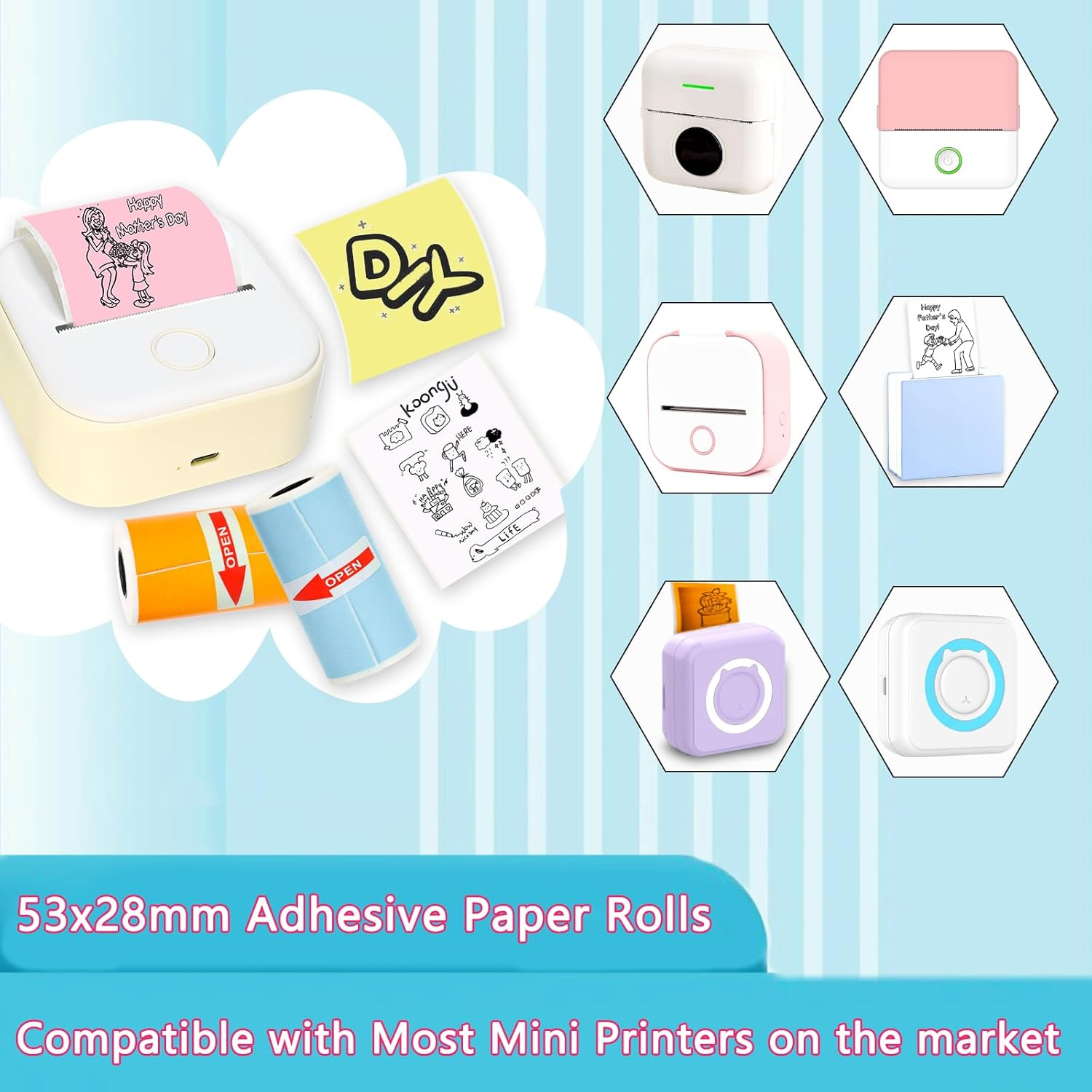 Rifanda 15 Rolls Thermal Sticker Paper 53X28Mm for Phomemo T02/M02/M02S/PRO Mini Printers, 3.75M Mini Colorful Self-Adhesive Mini Printer Paper for Memoking Mini Printer, Study Notes, Journals, Photos image number 4