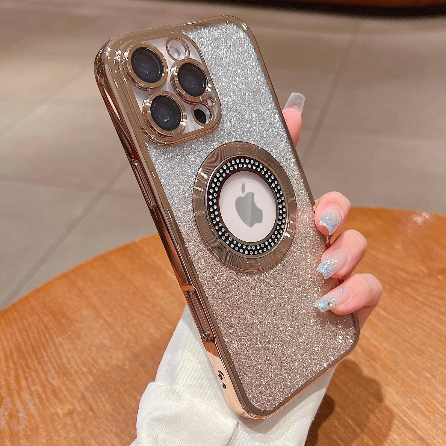 AMITOME Glitter Phone Case for Iphone 15 Pro Max 6.7 Inch,Diamond Wrapped Magnetic Suction Case,Luxury Plating Bling Shockproof Rugged Protective Cover for Women Girl Men - Gold image number 5