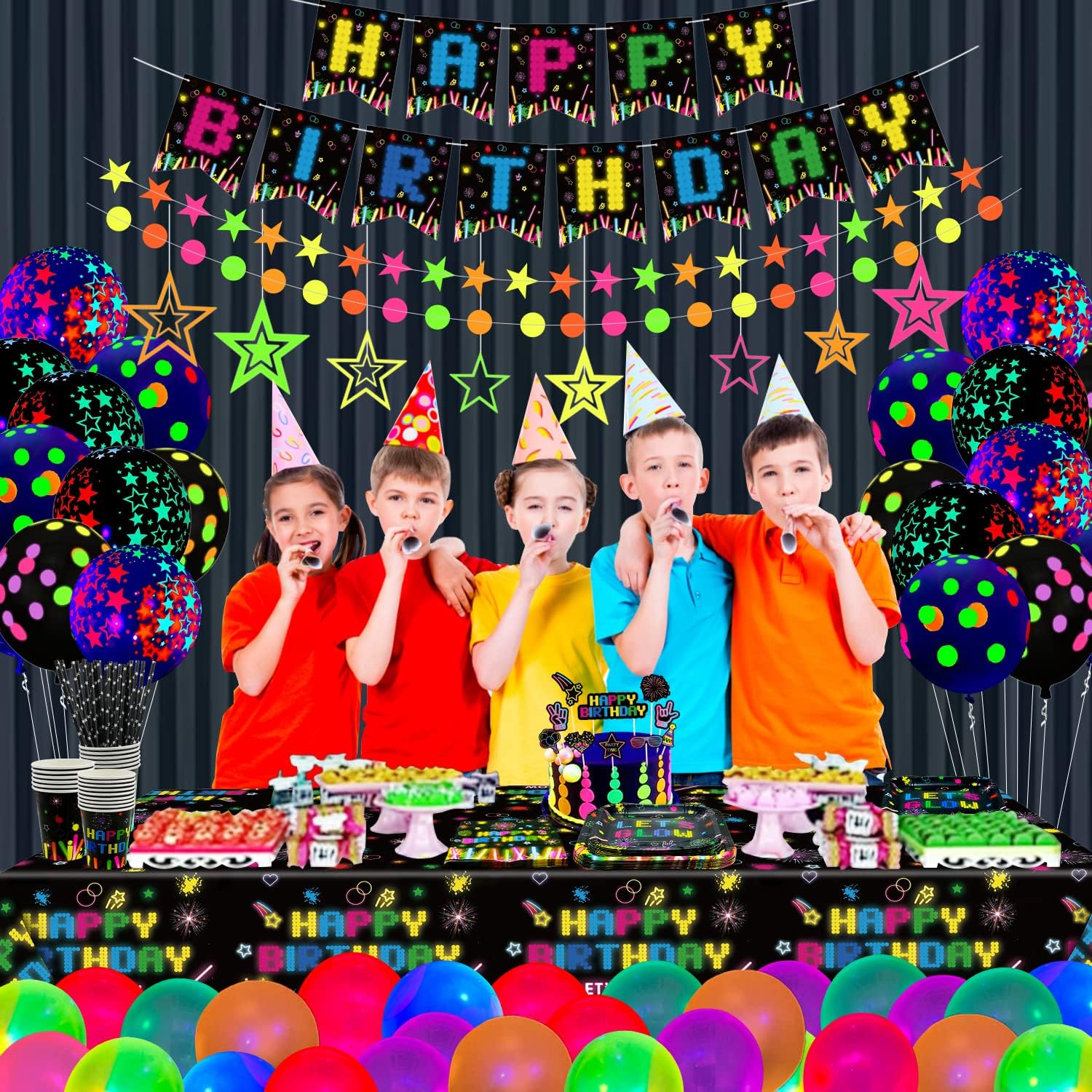 224 PCS Glow Neon Party Supplies Neon Glow Tableware Set Neon Balloon Glow in the Dark Birthday Banner Hanging Swirl Cake Toppers for Blacklight Party Decoration Serves 20 (Glow Set A) image number 1