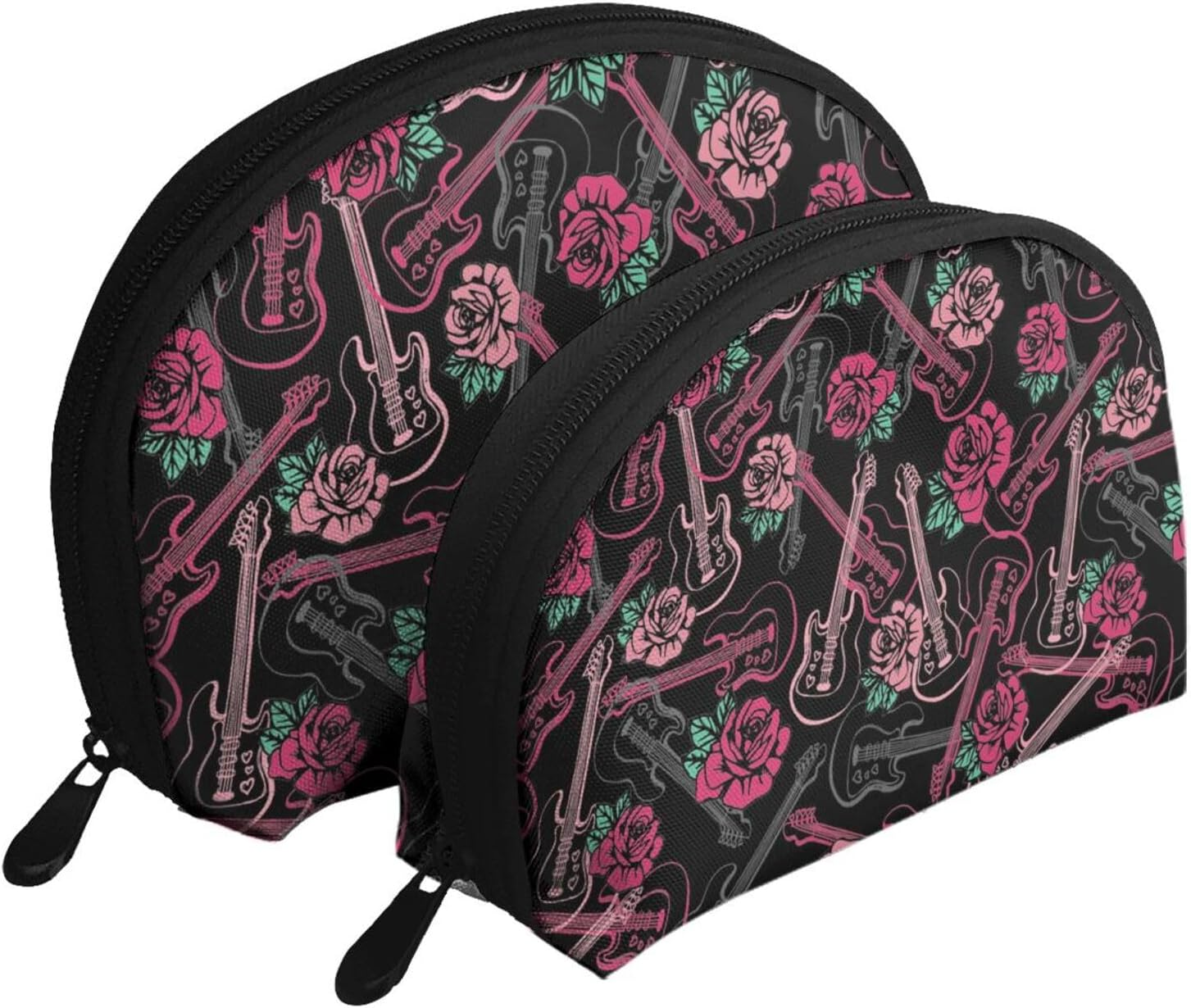 Cozimangoe Coin Pouch Makeup Bags Set, 2 Piece Shell Shape Cosmetic Bag with Pockets for Daily Travel Handbag Lipstick Keys Toiletry, Personalized Guitar and Rose image number 5