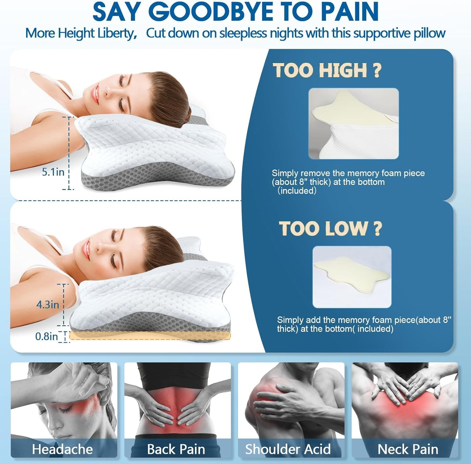 Side Sleeper Cervical Pillow &ndash; Yukaione Ergonomic Memory Foam Neck Pillow for Neck Pain Relief, Contour Orthopedic Design for Side & Back Sleepers, Washable Cooling Cover(Gray-1) image number 6