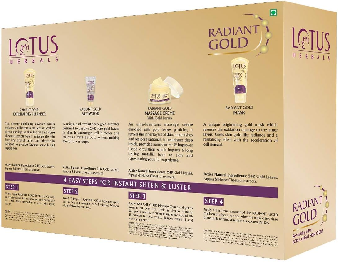 Lotus Herbals Radiant Gold Facial Kit for Instant Glow with 24K Pure Gold & Papaya 170G (Multi Use) image number 4