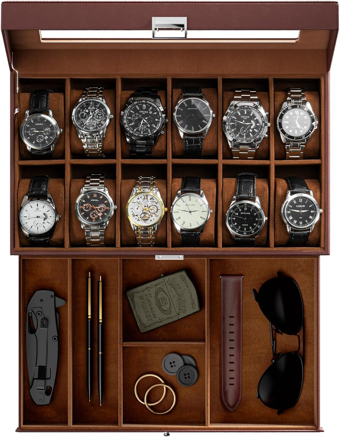 Procase Watch Box for Men, 12 Slot Mens Watch Case with Drawer, Watch Display Case with Glass Lid, 2-Layer Watch Holder Organizer, Jewelry and Watch Storage for Men Women -12Slot, Espresso