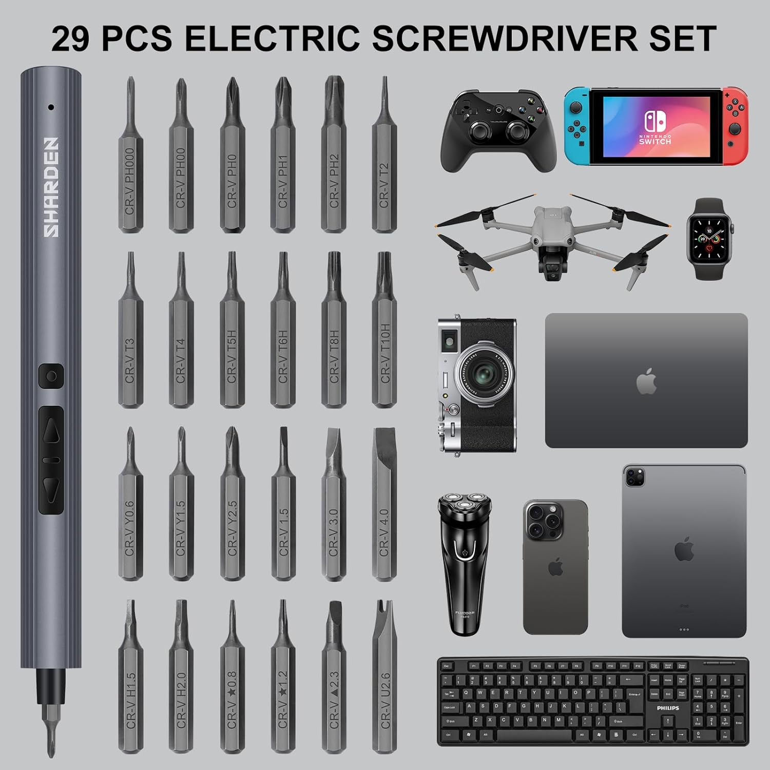 SHARDEN Mini Electric Screwdriver,29 in 1 Small Electric Screwdriver Kit with 24 Magnetic Bits,Precision Cordless Screw Driver Repair Tool for Phone Camera Laptop Watch - Blue image number 6
