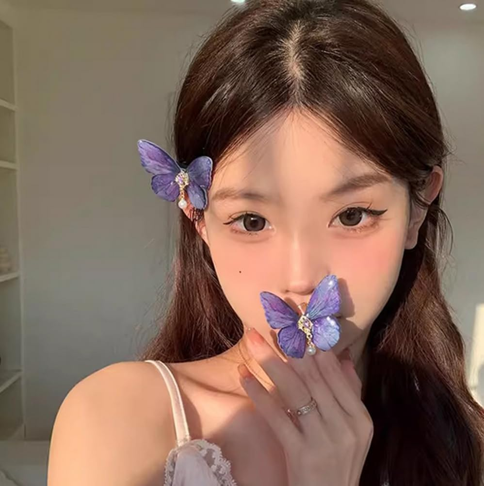 2 Pcs Premium Glitter Butterfly Hair Clips Cute Butterfly Hair Barrettes Clamps Headwear Hair Accessories for Women Girls(Purple) image number 5