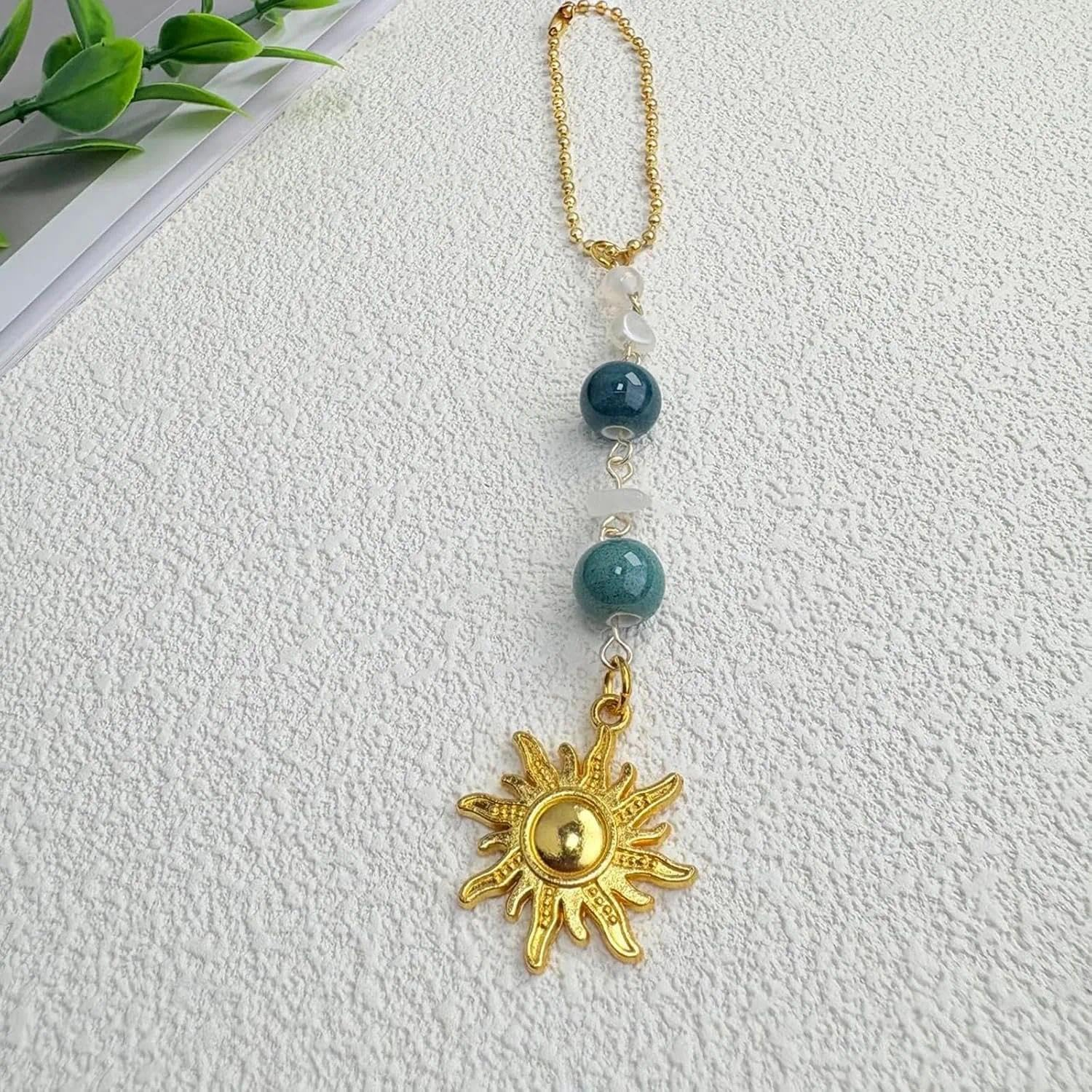 Cute Car Hanging Accessory with Green and Gold Handmade Healing Crystals, Sun Hanging Charm, Compatible with Rear View Mirror, Car Interior Decor - Perfect Decor for Lovers,17.8 Cm - Unron image number 5