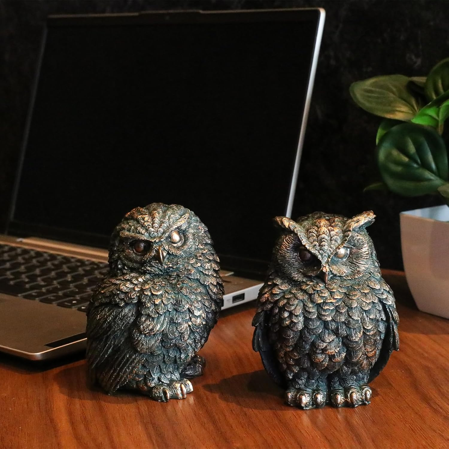 2 Pack Unique Owl Statues for Home and Outdoor Garden Decoration, Living Room Vintage Resin Owl Figurines, Knick Knacks for Shelves, Women Gift image number 3