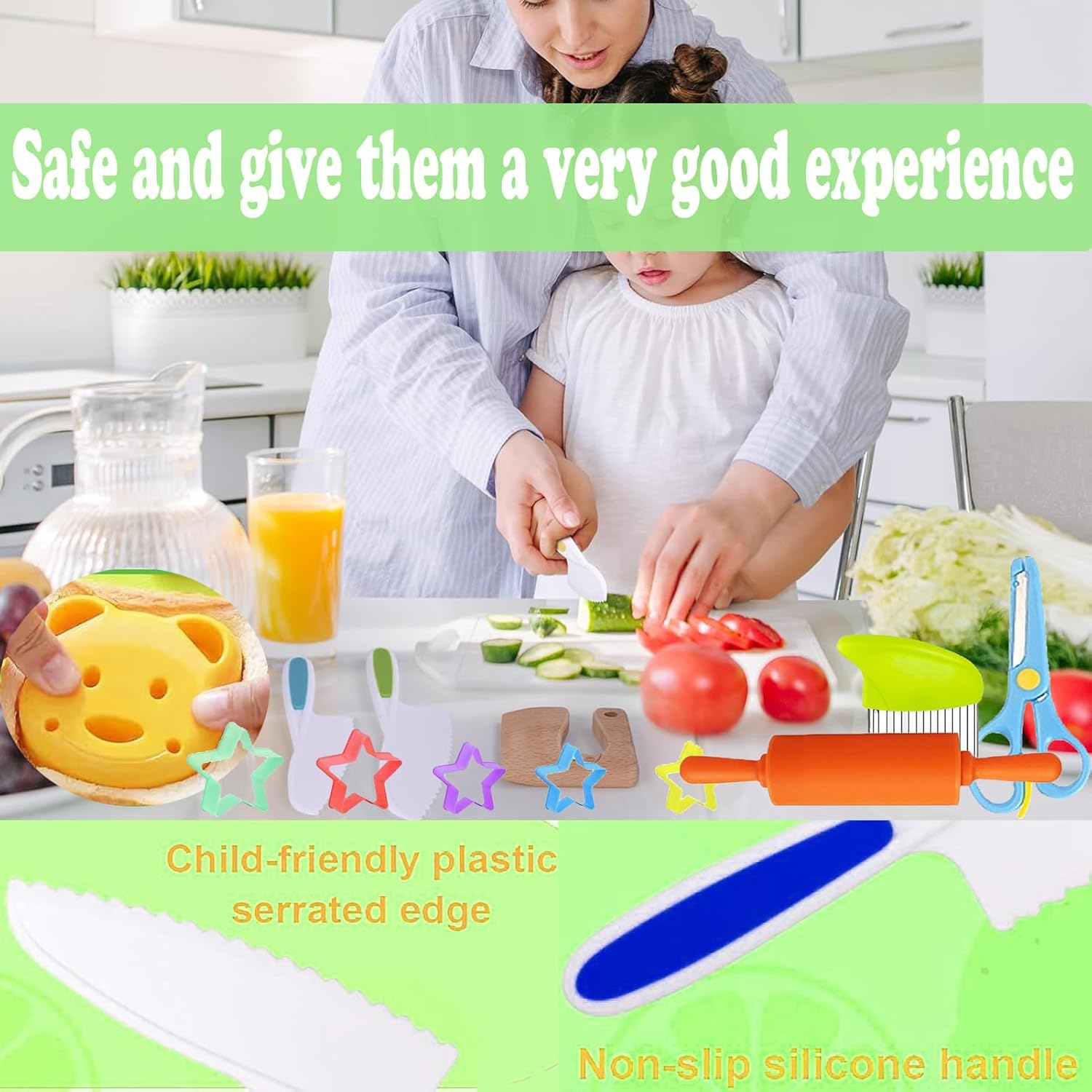 Kids Knife Set,28Pcs Toddler Knife Set,Kids Knife Set for Real Cooking with Gloves,Crinkle Cutter,Fruit Cutter,Dough Cutters,Kids Cutting Board and Wooden Safe Knives for Cooking Fun and Present image number 2