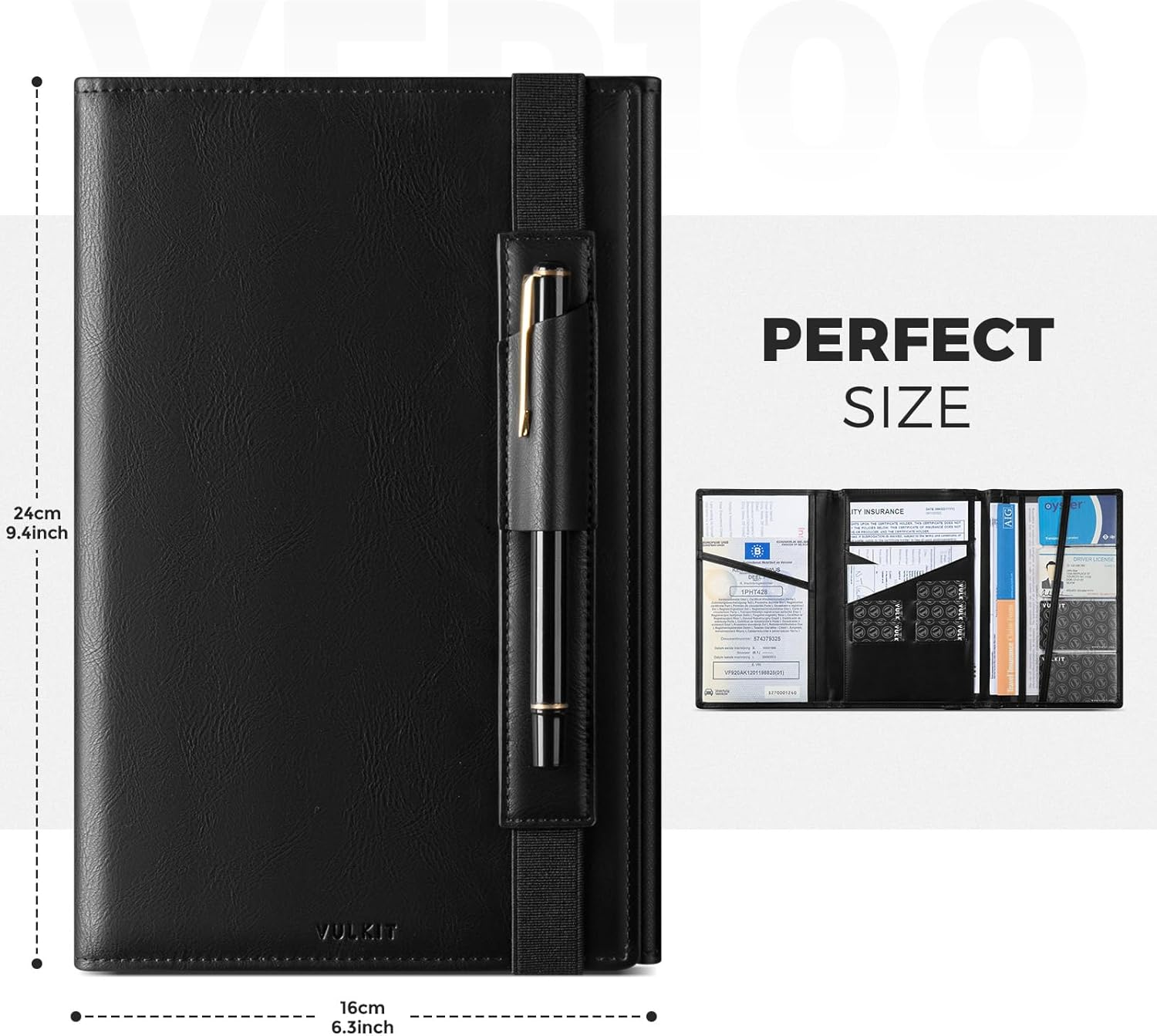 VULKIT Car Registration and Insurance Card Holder Vehicle Glove Box Organizer Leather Tri-Fold Design for Car Keys, ID Holder, Essential Documents Black image number 1