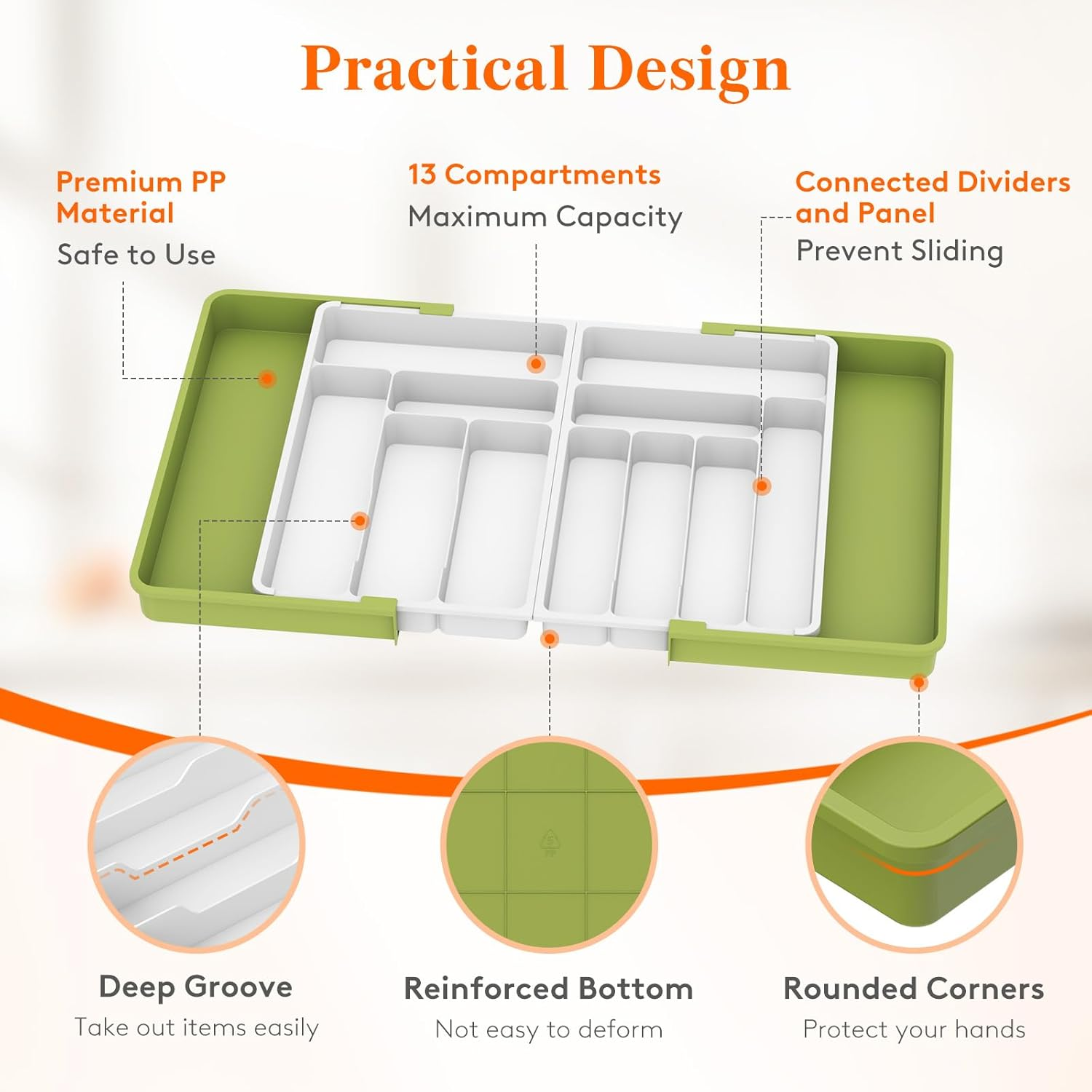 Lifewit Large Silverware Drawer Organizer, Expandable to 36 Inches Wide, BPA Free Plastic Utensil Tray for Kitchen, Adjustable Flatware and Cutlery Holder for Spoons Forks Knives, Green&White image number 3