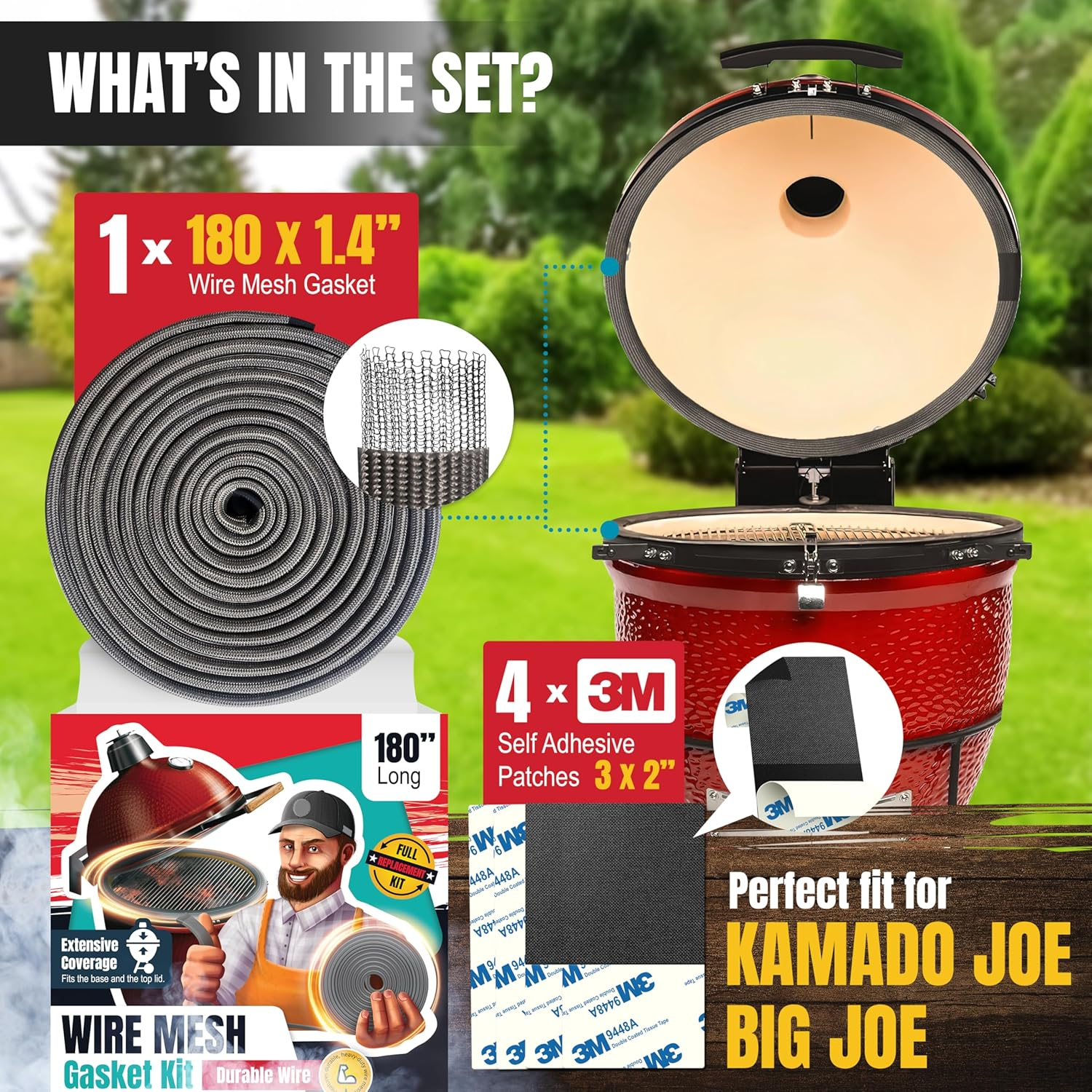 Wire Mesh Gasket Compatible with Kamado Joe - 180" Fiberglass Kamado Joe Gasket Replacement Kit - Fit for Big Green Egg - Kamado Joe Accessories & Replacement Parts - Smoker Gasket Seal by Smoker Chef