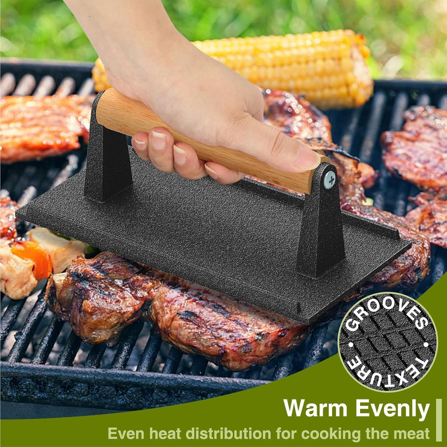 Burger Press, 17.8Cm round & 21Cmx11Cm Rectangle Heavy-Duty Cast Iron Smash Bacon Press, Heat Proof Wooden Handle Bacon Meat Grill Press for Griddle, Nonstick Pan, BBQ, Flat, Teppanyaki image number 5