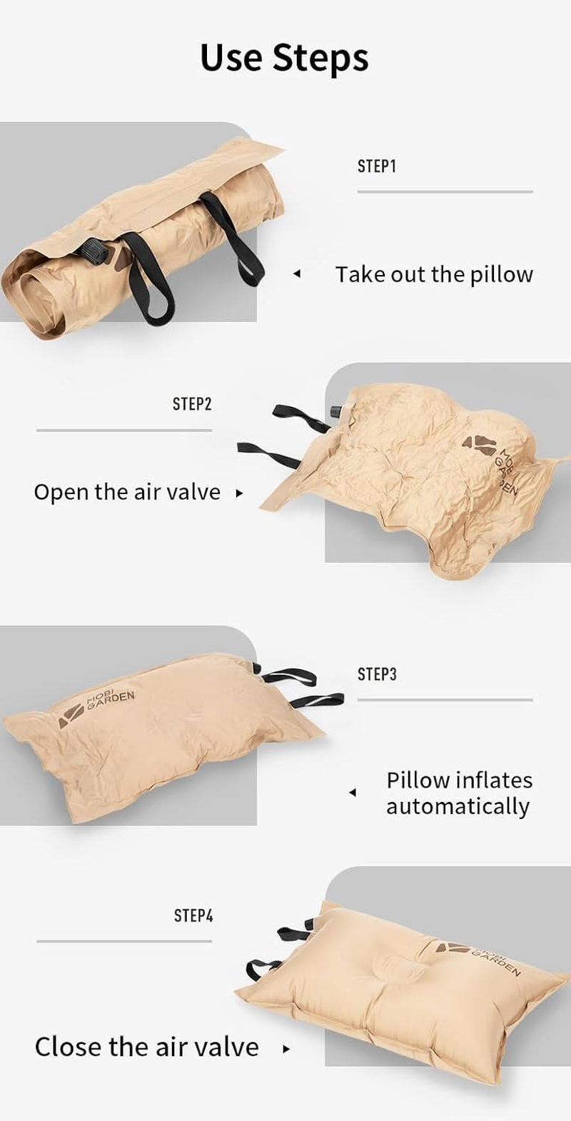 MOBI GARDEN Camping Inflatable Pillow, Automatic Ultralight Sponge, Comfortable Outdoor Travel Sleeping Pillow (Brown) - Beige image number 3