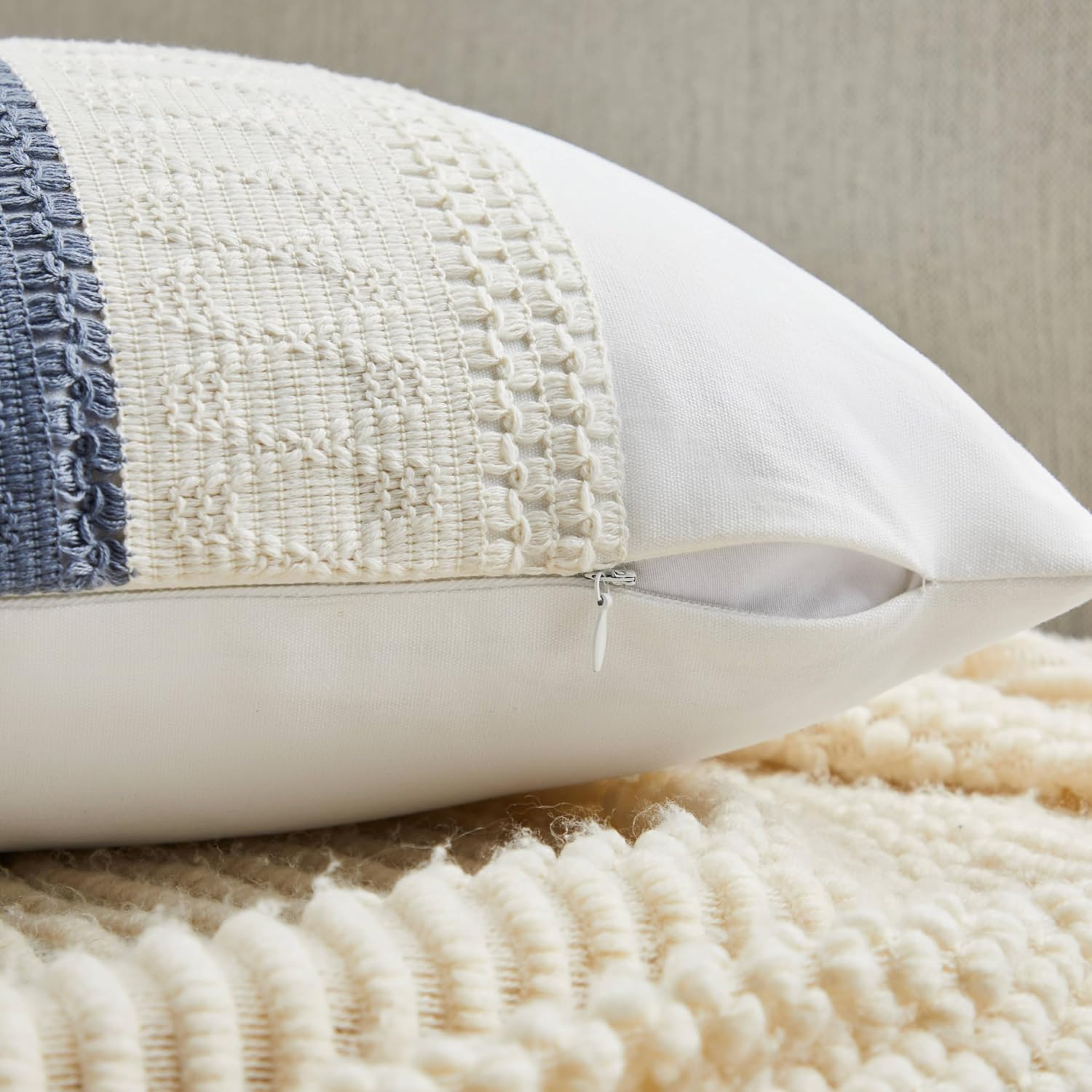 YZJZEDS Soft Cotton Boho Throw Pillow Covers Set of 2, Natural White/Contrast Blue 20X20 Inch, Blue Farmhouse Decorative Cushion Covers for Sofa Bed Living Room Home Decor image number 6