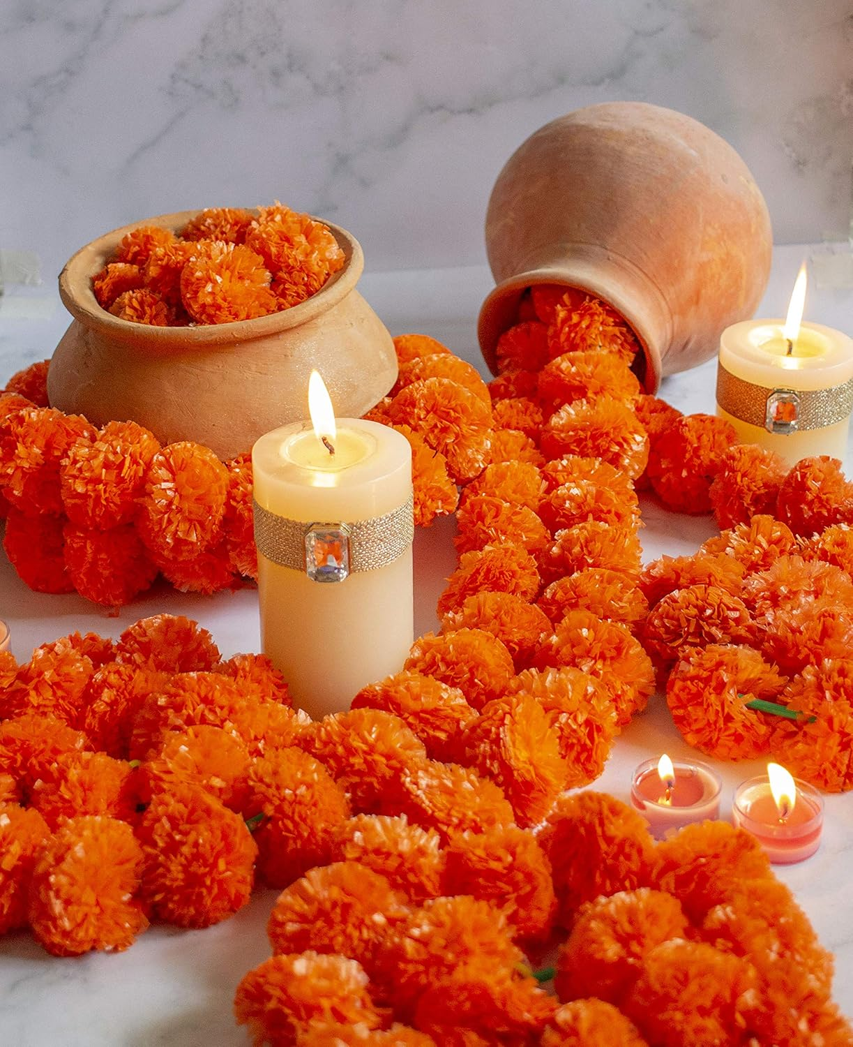 5 PC - 5 Feet Marigold Garland |Indian/American Wedding Party Mantle Decoration, Faux Garlands Wedding Garland, Diwali Decoration, Spring Bush Floral! (Dark Orange) image number 4