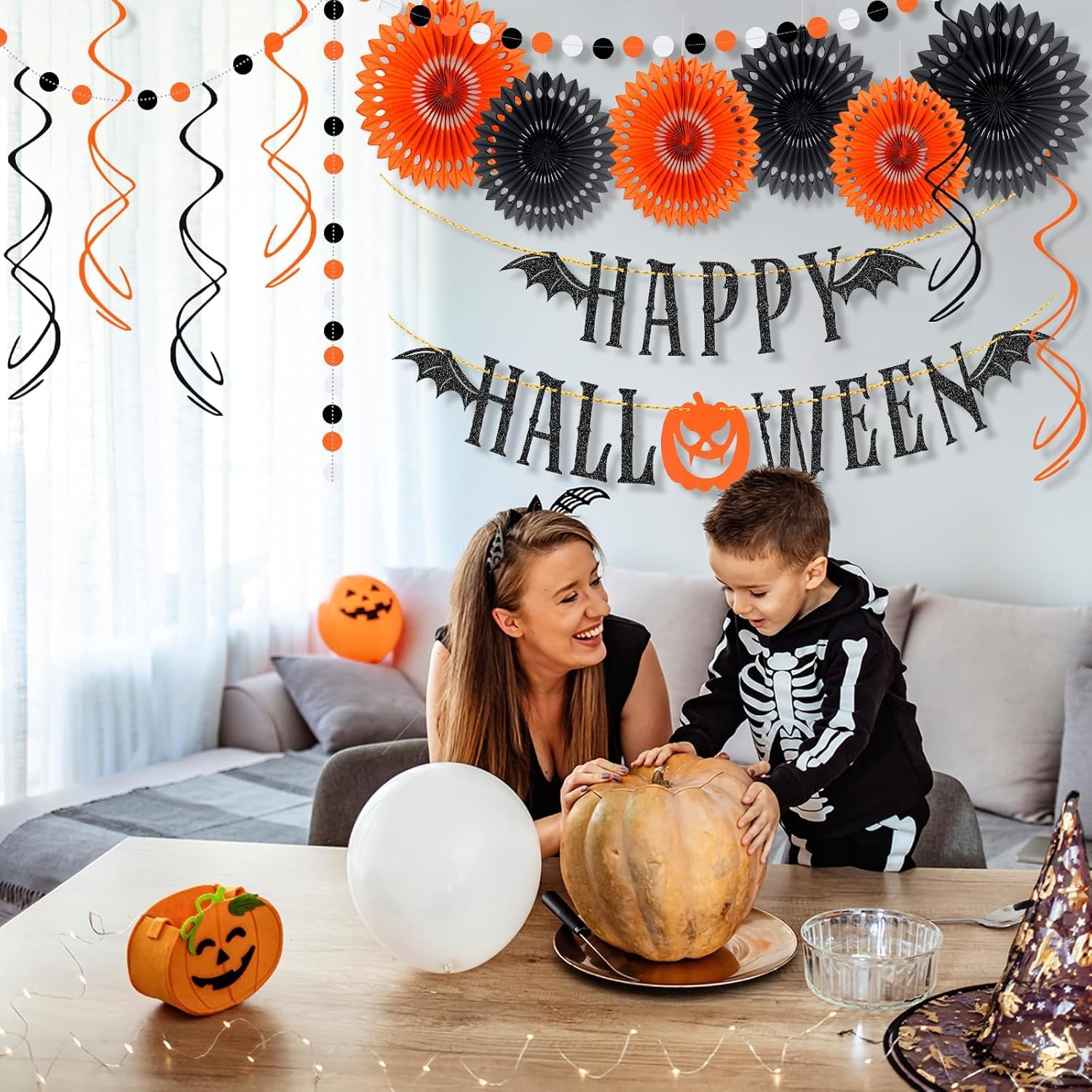 Hapurs Happy Halloween Banner, Halloween Office Decorations Paper Fans Halloween Banner for Wall Mantle, Glitter Bat Wings Hanging Halloween Party Decorations image number 5
