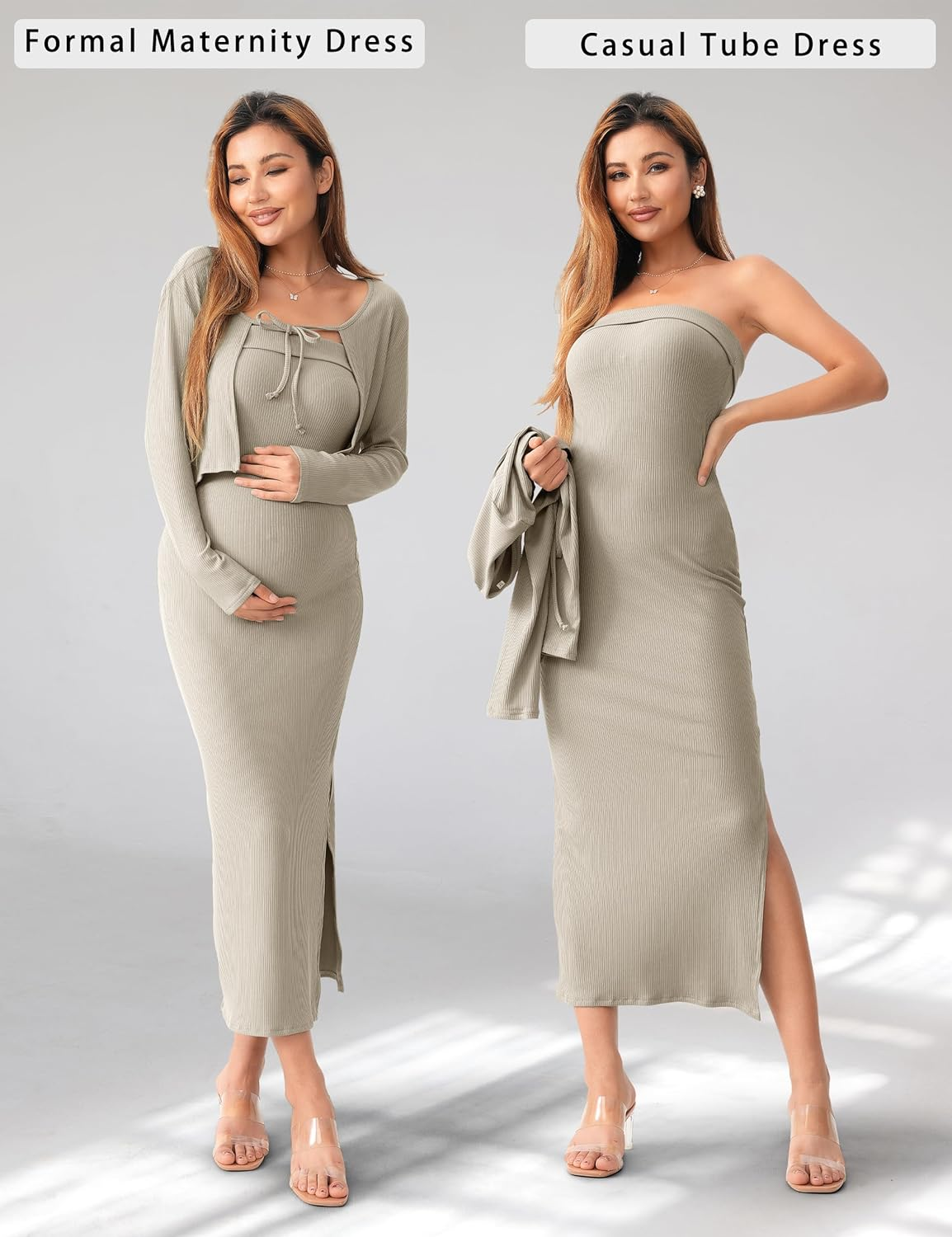 SUNNYBUY Baby Shower Maternity Tube Dress Short Cardigan Bodycon Ribbed Maxi Dress Casual 2 Piece Pregnancy Outfit Set, Taupe, Xx-Large image number 5