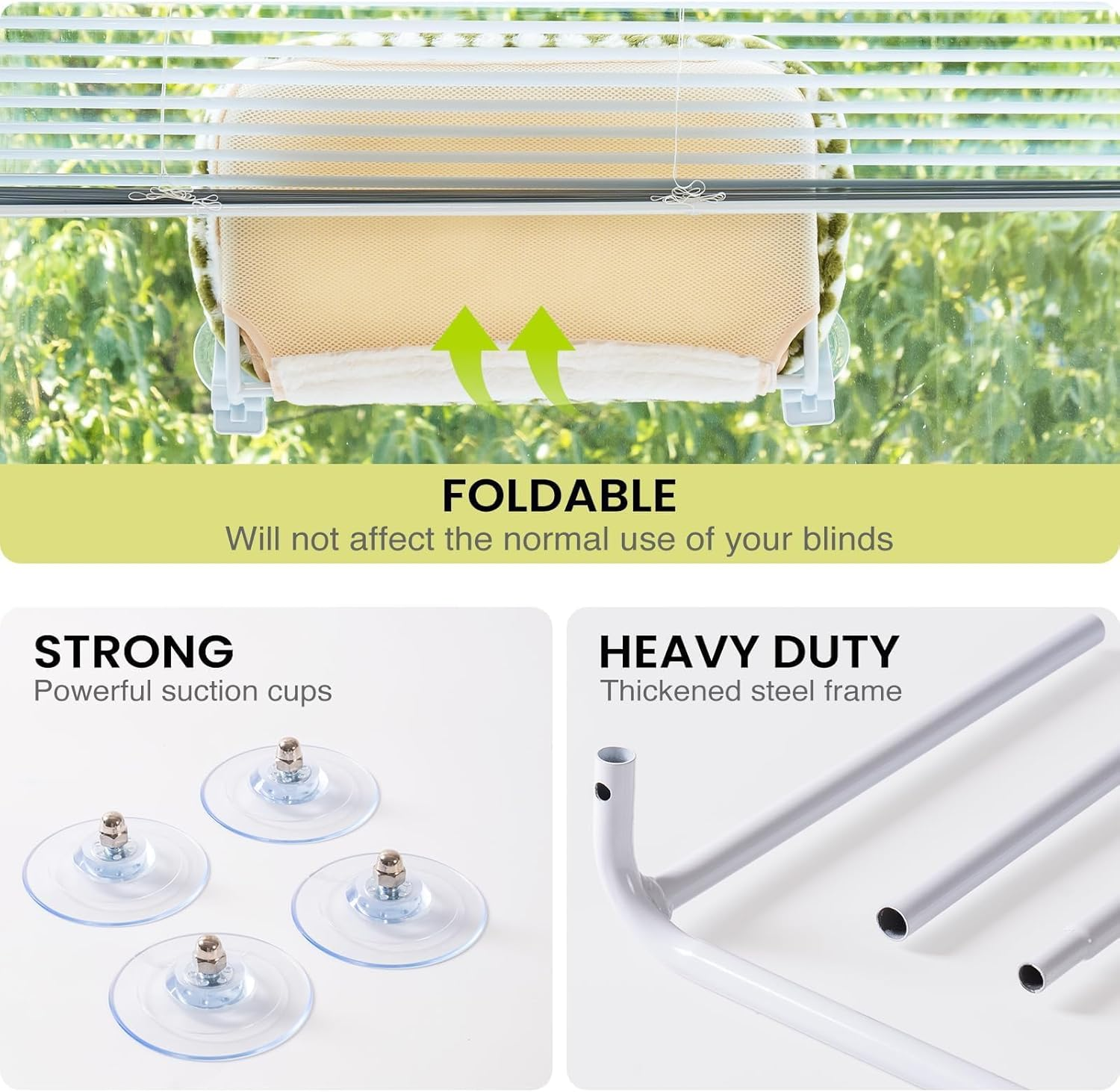 EDAGNY Stylish Cat Hammock Window Foldable - Plush Cat Window Lounger with Removable Thick Cover, Sturdy Steel Frame up to 18 Kg, Green M