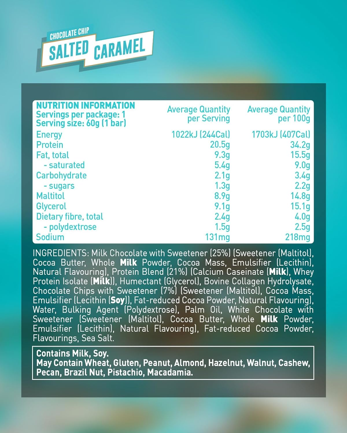 Grenade High Protein, Low Sugar Bar - Chocolate Chip Salted Caramel, 12 X 60 G