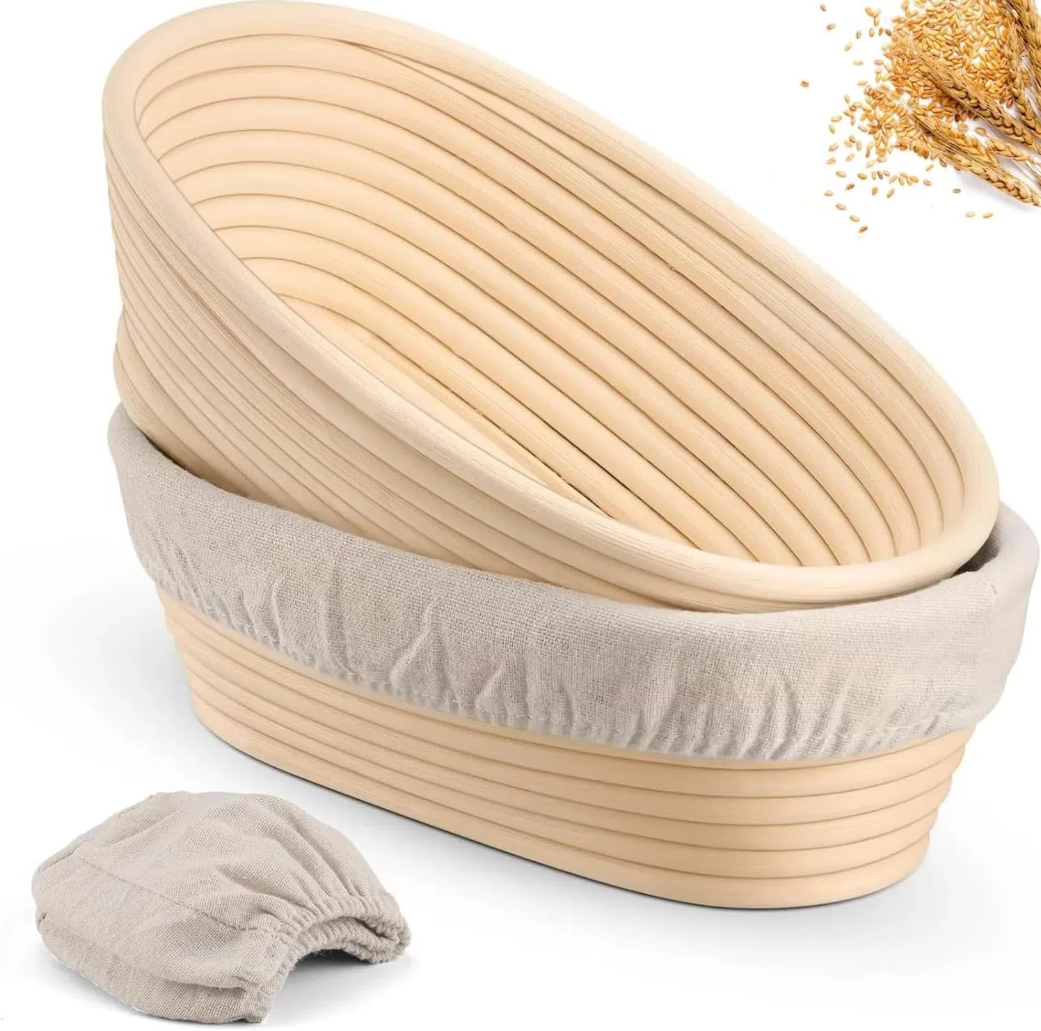 Banneton Bread Baskets Set,Two 10-Inch Oval Sourdough Proofing Bowls Handmade Rattan Baskets and Liners Sourdough Proofing Basket Perfect for Professional & Home Sourdough Bread Baking image number 3