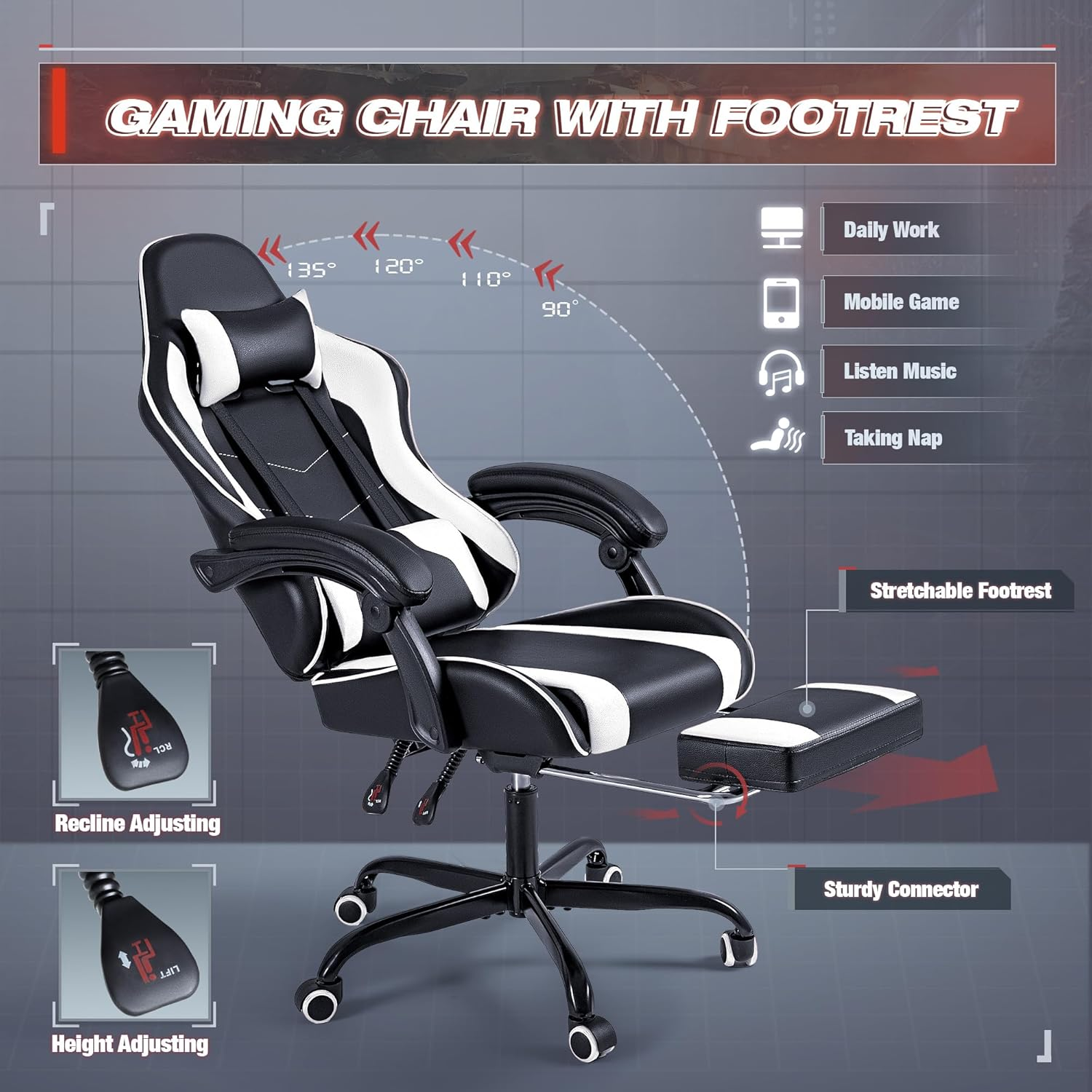 Furmax Gaming Chair, Video Game Chair with Footrest and Massage Lumbar Support, Swivel Seat Height Adjustable Computer Chair with Headrest, Racing E-Sport Gamer Chair - Black image number 4