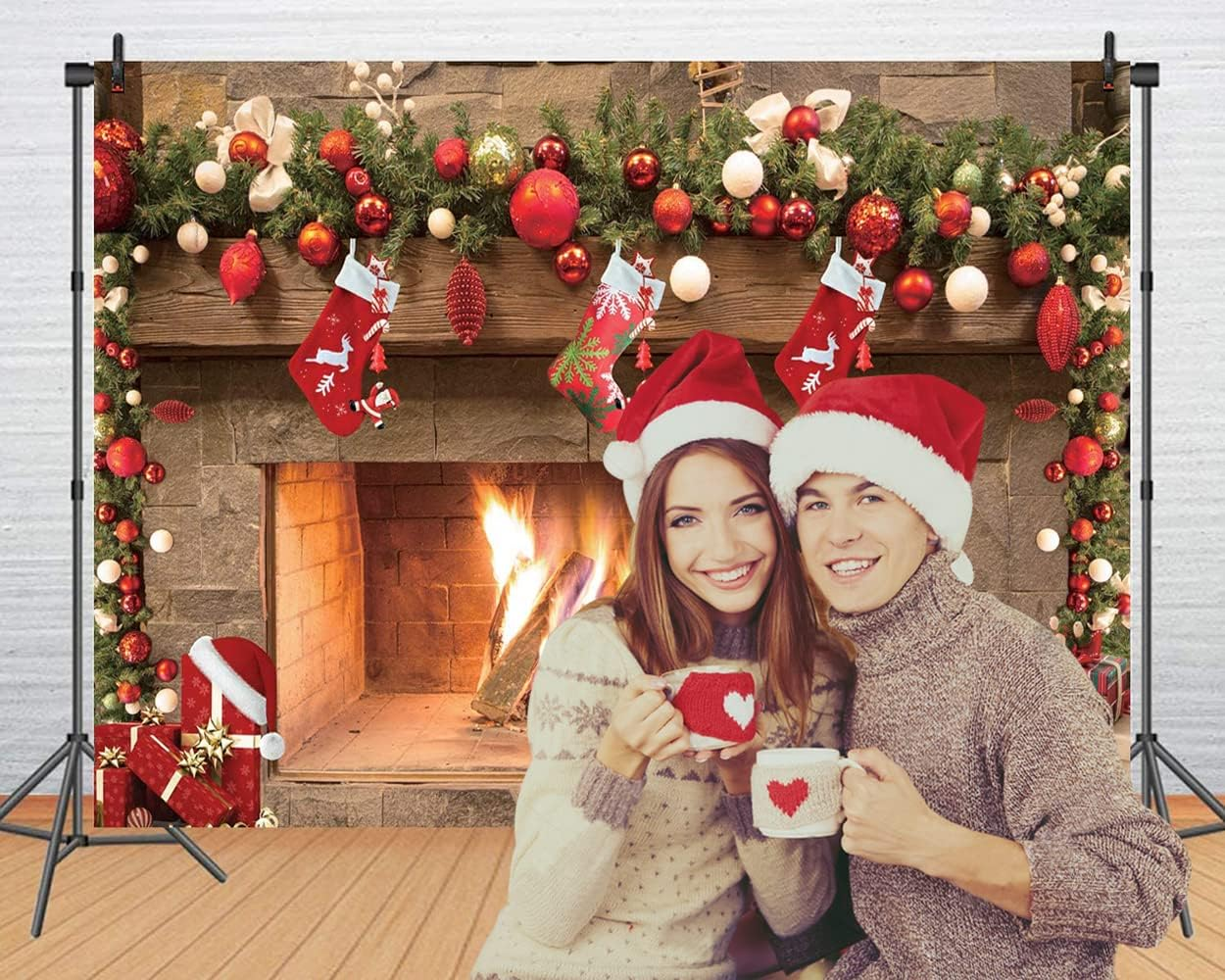 CHAIYA 8X6Ft Christmas Background Christmas Fireplace Christmas Tree Socks Gift Box Photography Backgroun New Year Party Background Decoration CY129 image number 2
