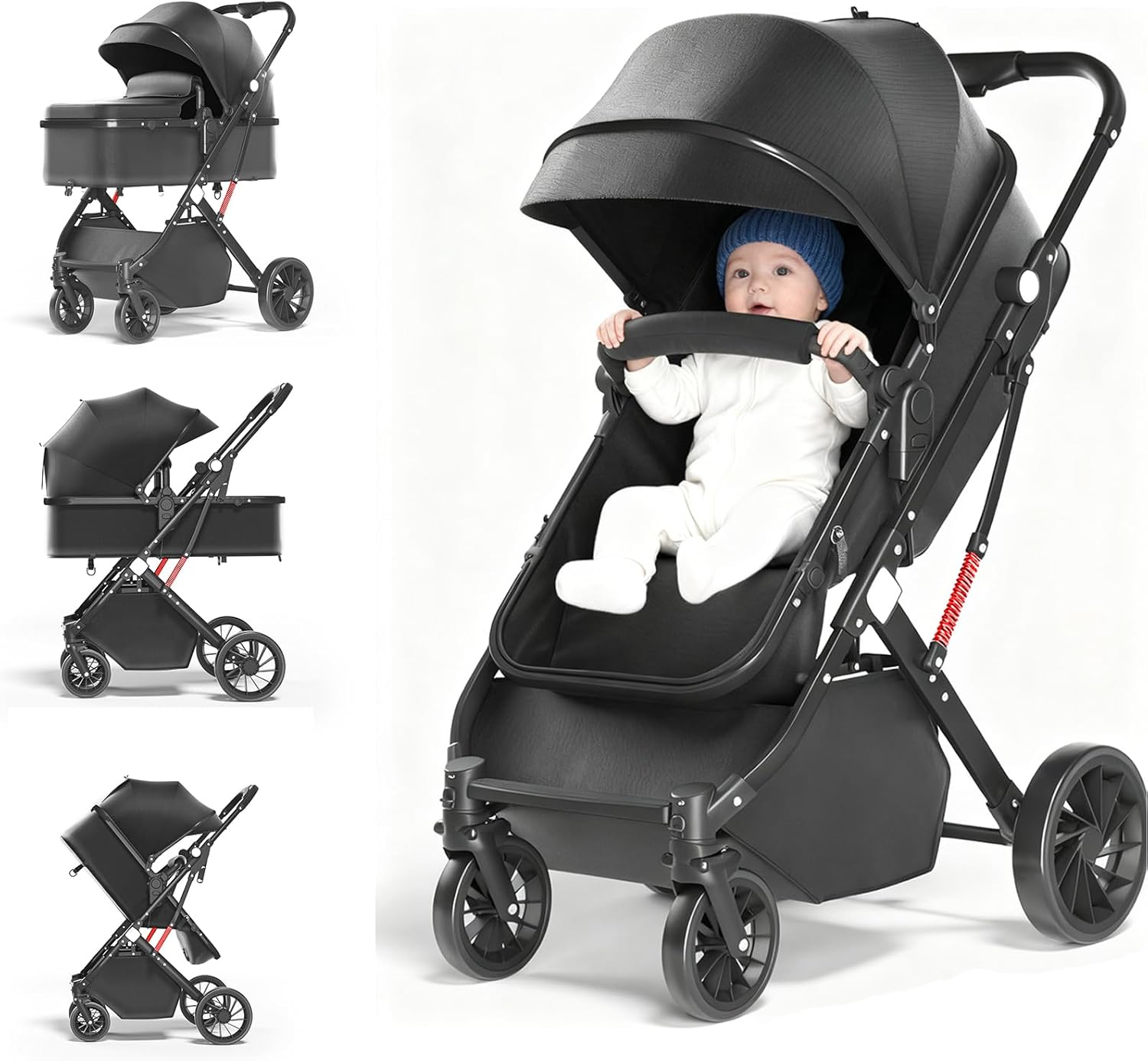 3In1 Aluminium Alloy Pram Baby Stroller, Lightweight Travel Pram for Newborn to Toddler, Adjustable Reclining Seat, Foldable Design, Storage Basket, 5-Point Harness & Sun Canopy, Lightweight Travel Baby Trolley