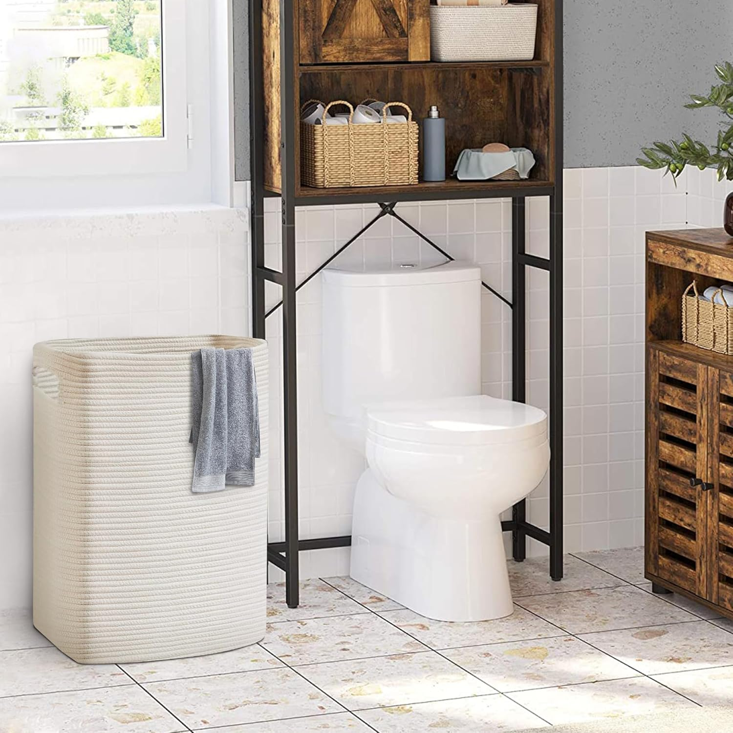 MEGASKET Large Laundry Hamper 16"X13"X22" - Tall Wicker Laundry Basket, Cotton Rope Dirty Clothes Hamper, Baby Kids Nursery White Hamper, 75L - Black image number 7