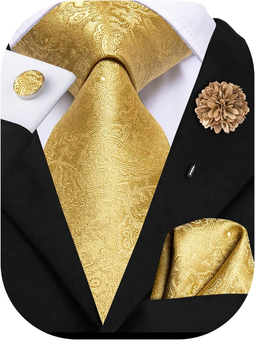 Hi-Tie Silk Men'S Tie and Pocket Square Cufflinks Lapel Pin Set Jacquard Wedding Business Necktie for Formal