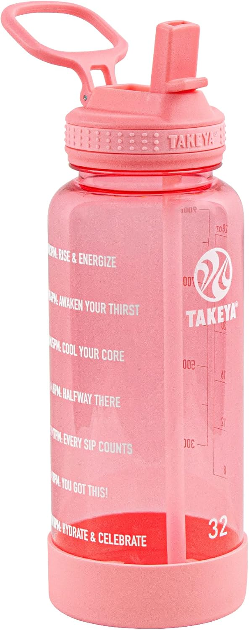 Takeya Premium Quality Motivational Water Bottle with Straw Lid with Times to Drink, BPA Free Tritan Plastic, 32 Oz, Flutter Pink