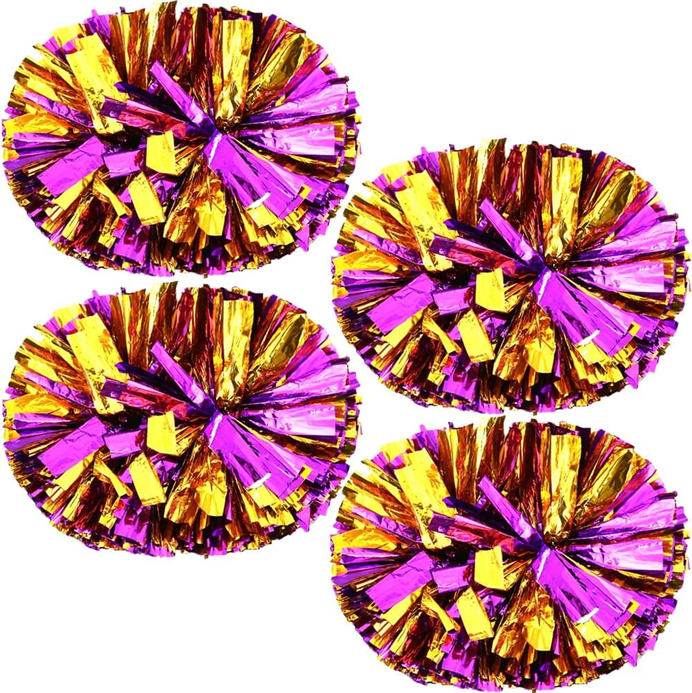 4 Pack Cheerleading Pom Poms,Metallic Cheer Pom Poms with Training Baton Handle for Team Sport Spirit Squad Bulk Cheerleaders(Purple and Gold) image number 4