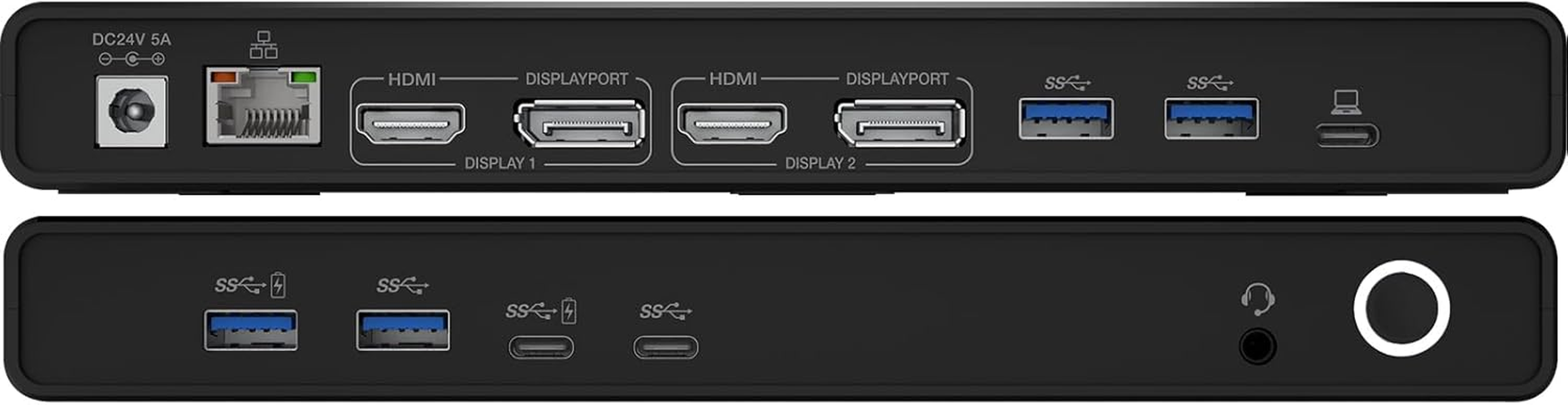 Comsol Universal USB-C Displaylink Dual 4K HDMI Docking Station, Black, 2 Displayport, 2 HDMI, 4 USB-A, 1 Ethernet Port, Audio Jack, with 120W AC Adapter