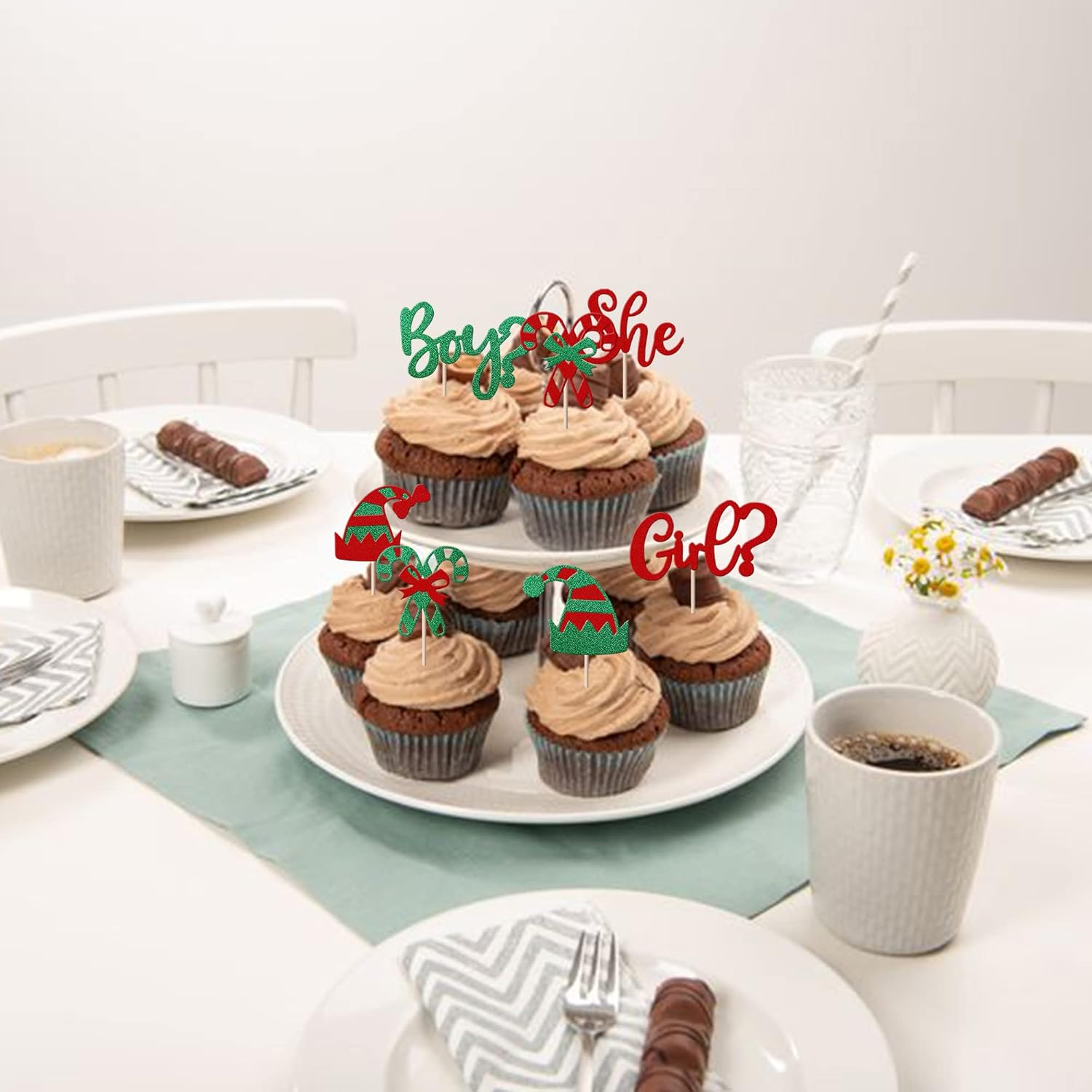 24 Pack Christmas Boy or Girl Cupcake Toppers Glitter He or She Christmas Elf Cupcake Picks for Gender Reveal Theme Baby Shower Birthday Christmas Party Cake Decorations Supplies