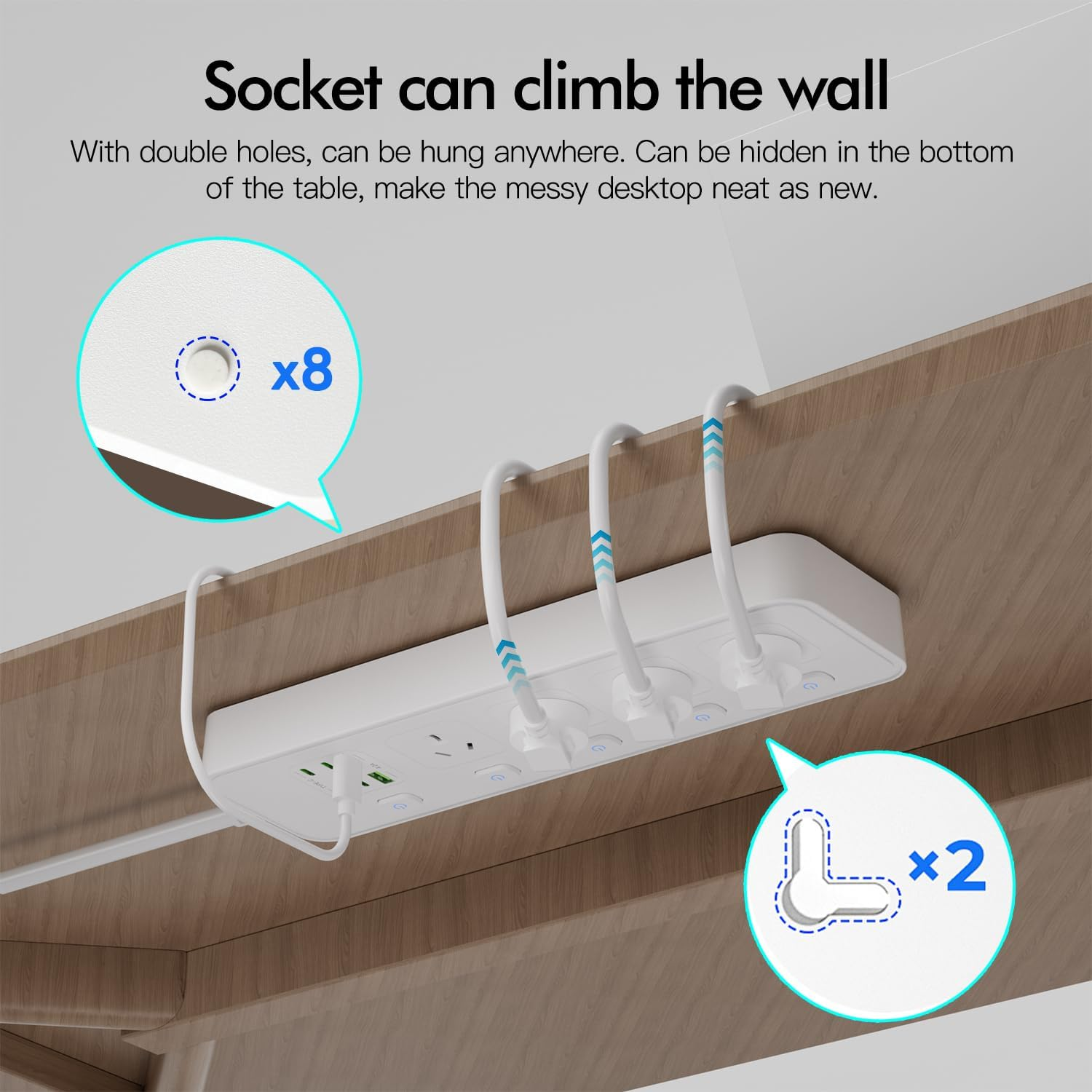 BOCHLION Power Strip with Independent Switch, 4 AC Power Sockets, Surge Protector Power Strip with 6 USB Ports (4 USB-C Sockets), 1.8M Extension Power Strip, Wall-Mounted for Home Office (White) image number 5