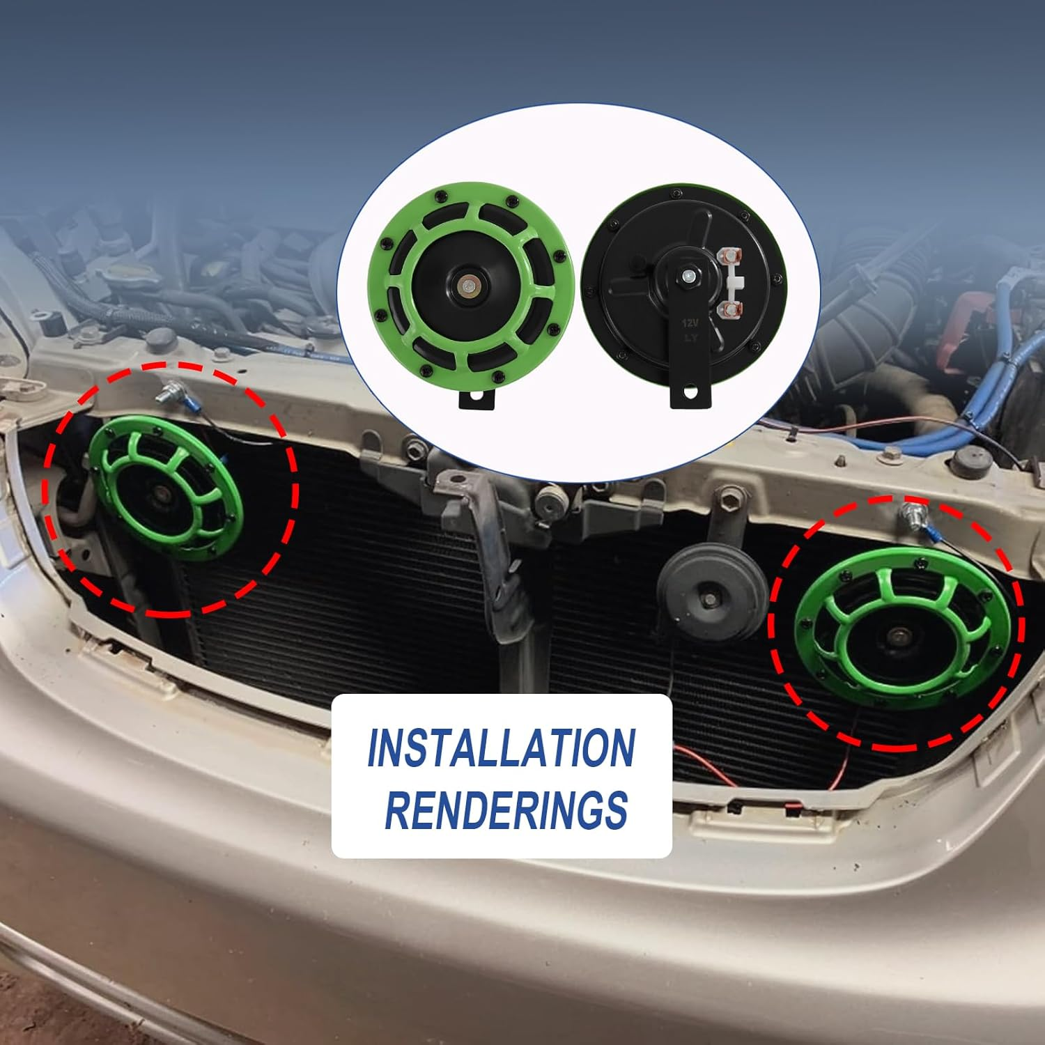 CARMOCAR Eletric Car Horn Kit 12V 135Db Super Loud High Tone and Low Tone Metal Twin Horn Kit with Bracket for Cars Trucks Suvs Rvs Vans Motorcycles off Road Boats (Green) image number 1