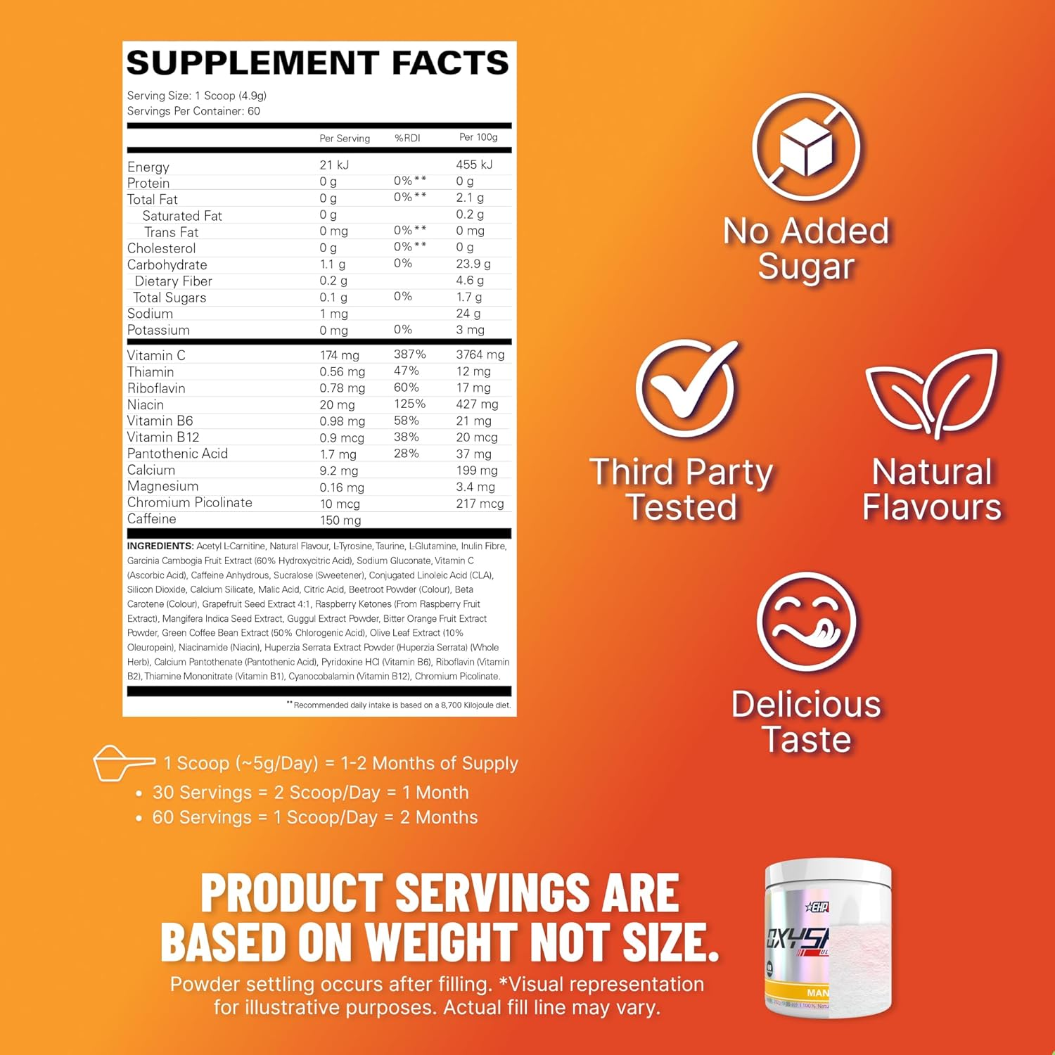 EHP Labs Oxyshred Ultra Concentration Shredding Supplement - Pre Workout, Promotes Shredding, Natural Energy Boost. Mango, 60 Servings