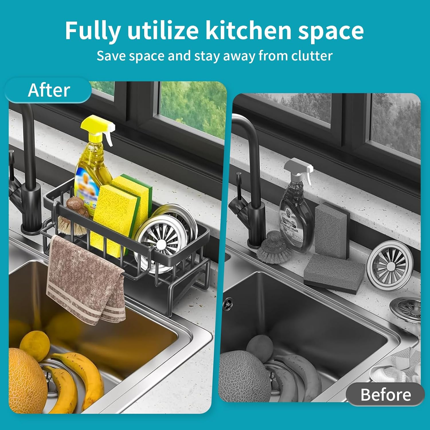 Kitchen Sink Caddy Organiser with Removable Dish Cloth Hanger, Sponge Holder for Kitchen Sink with Self Draining Tray, Stainless Steel Dish Soap Holder image number 4