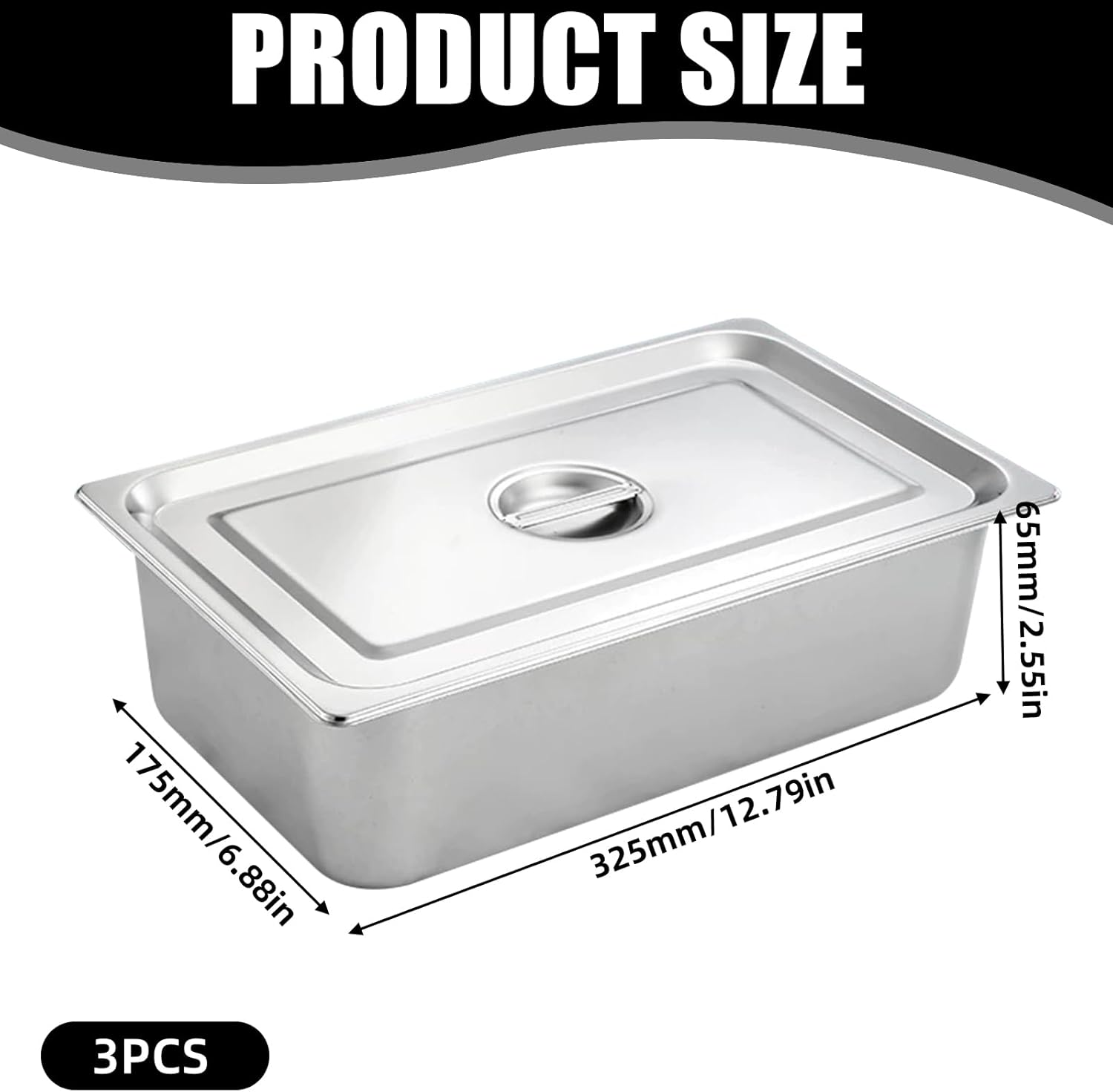 Breading Set Stainless Steel 3 Pieces: 3 X GN Containers with Lid, 32.5 X 17.5 X 6.5 Cm Metal Breading Tray, Rectangular, Gastronorm Container Stainless Steel with Lid for Breading for Fish, Meat