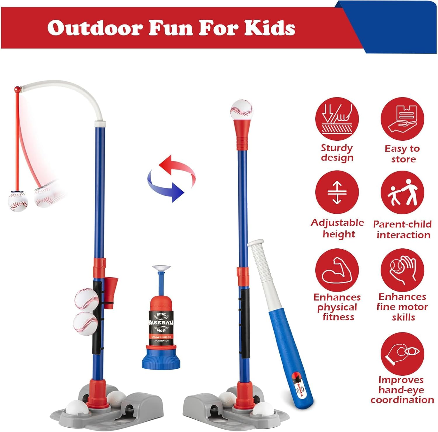Adjustable T-Ball Set for Kids 3-8 | Outdoor Baseball Toy with Bat, Ball & Tee | Sports Toddlers & Boys in Backyards image number 3