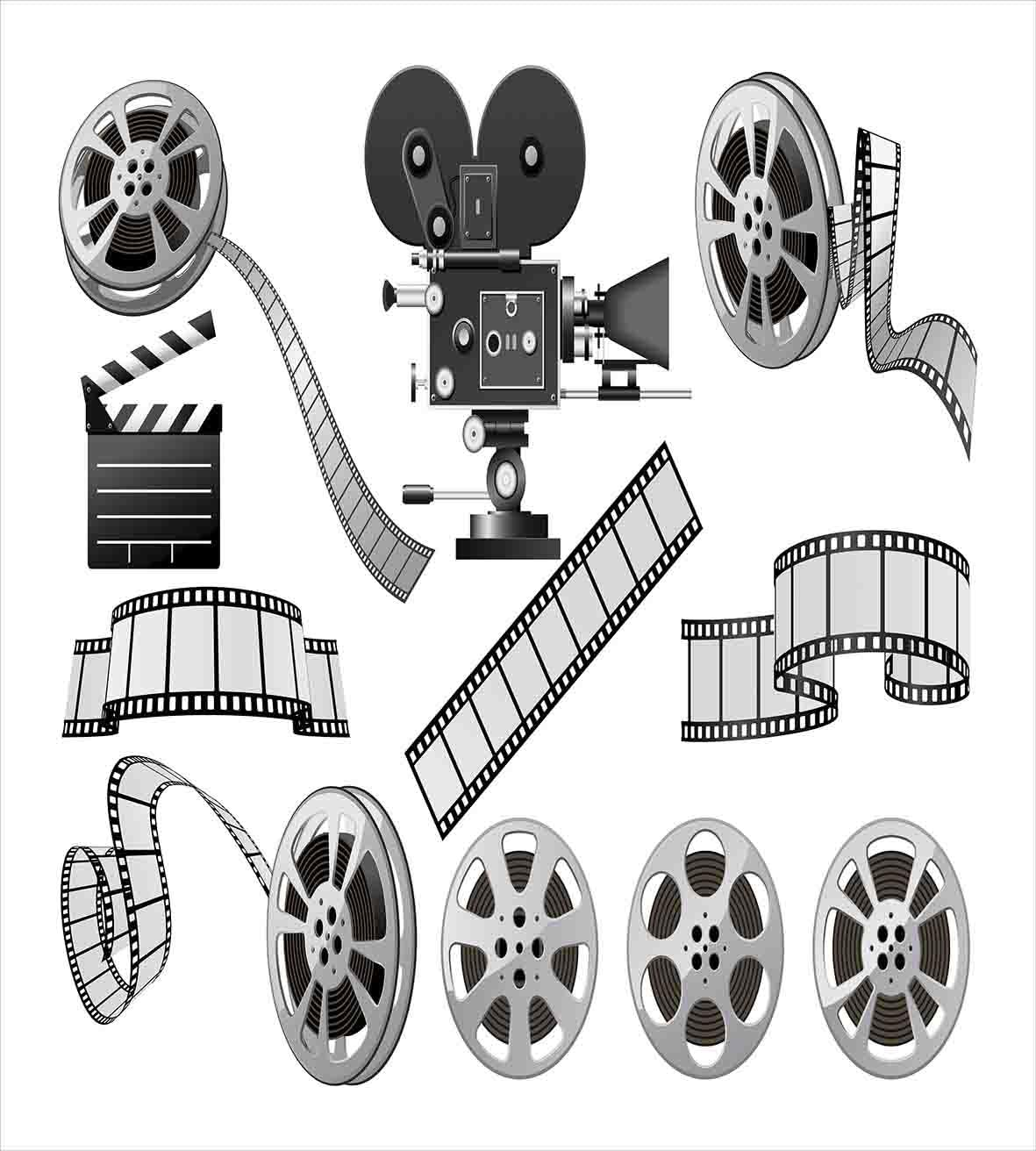 Ambesonne Movie Theater Duvet Cover Set, Movie Industry Themed Greyscale Illustration of Projector Film Slate and Reel, Decorative 2 Piece Bedding Set with 1 Pillow Sham, Twin Size, Black Grey image number 1