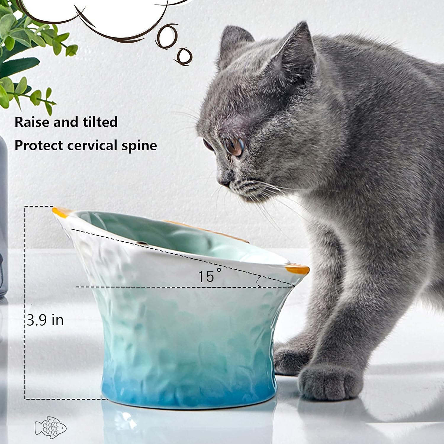 Raised Tilted Ceramic Cat Food Bowl, Cute Fish Shape Elevated Slanted Shallow Angled Cat Dish, Personalized Pet Feeder for Kitty Dry Wet Treats Feeding, Ergonomic anti Vomiting Whisker Friendly image number 3