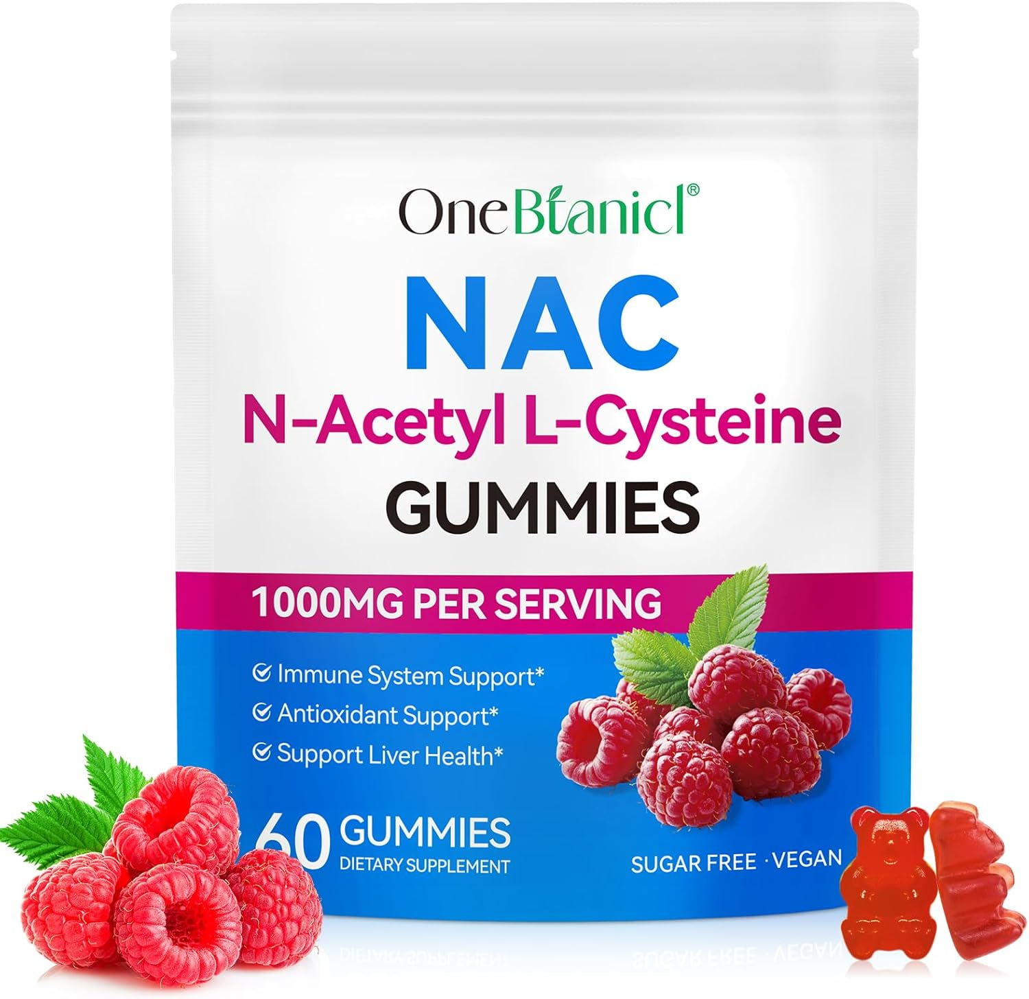 NAC N-Acetyl L-Cysteine Gummies | 1000Mg per Serving | Raspberry Flavour | 60 Vegan Gummies image number 5