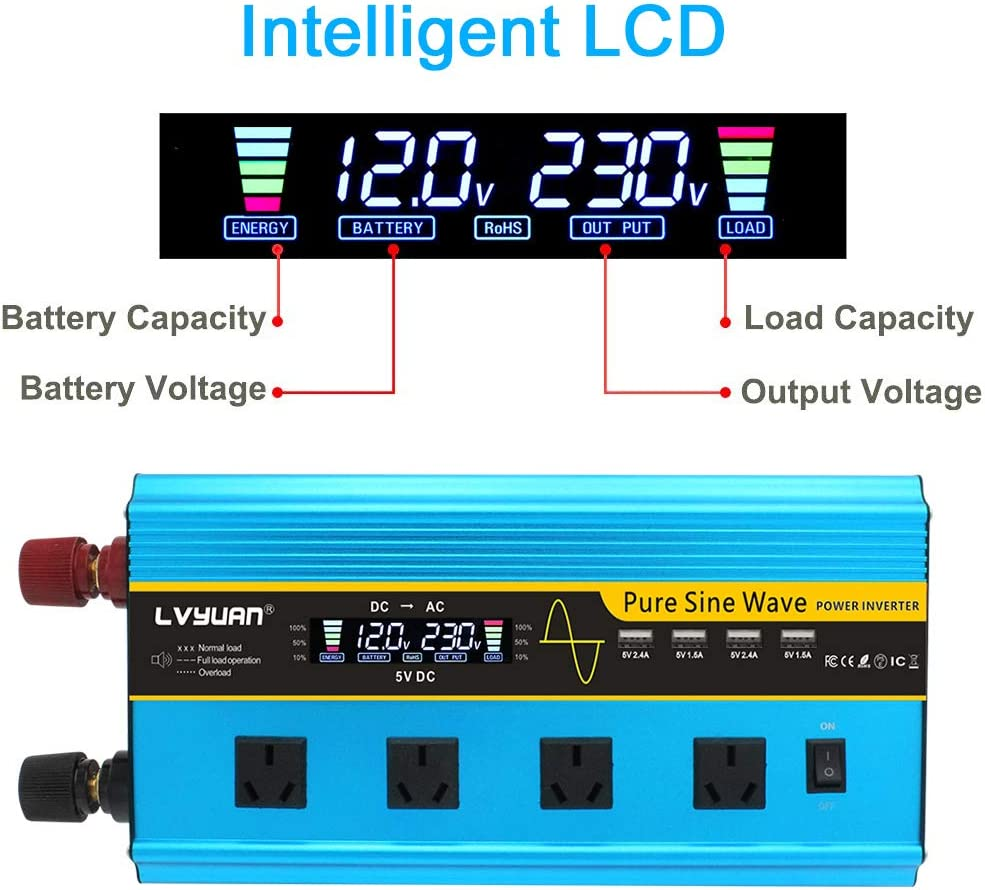 Yinleader 3000W/6000W(Peak) Inverter 12V to 240V Pure Sine Wave DC to AC Power Inverter W/LCD Display Remote Controller 4 AC Outlets Charge in Car/Boat/Truck image number 2